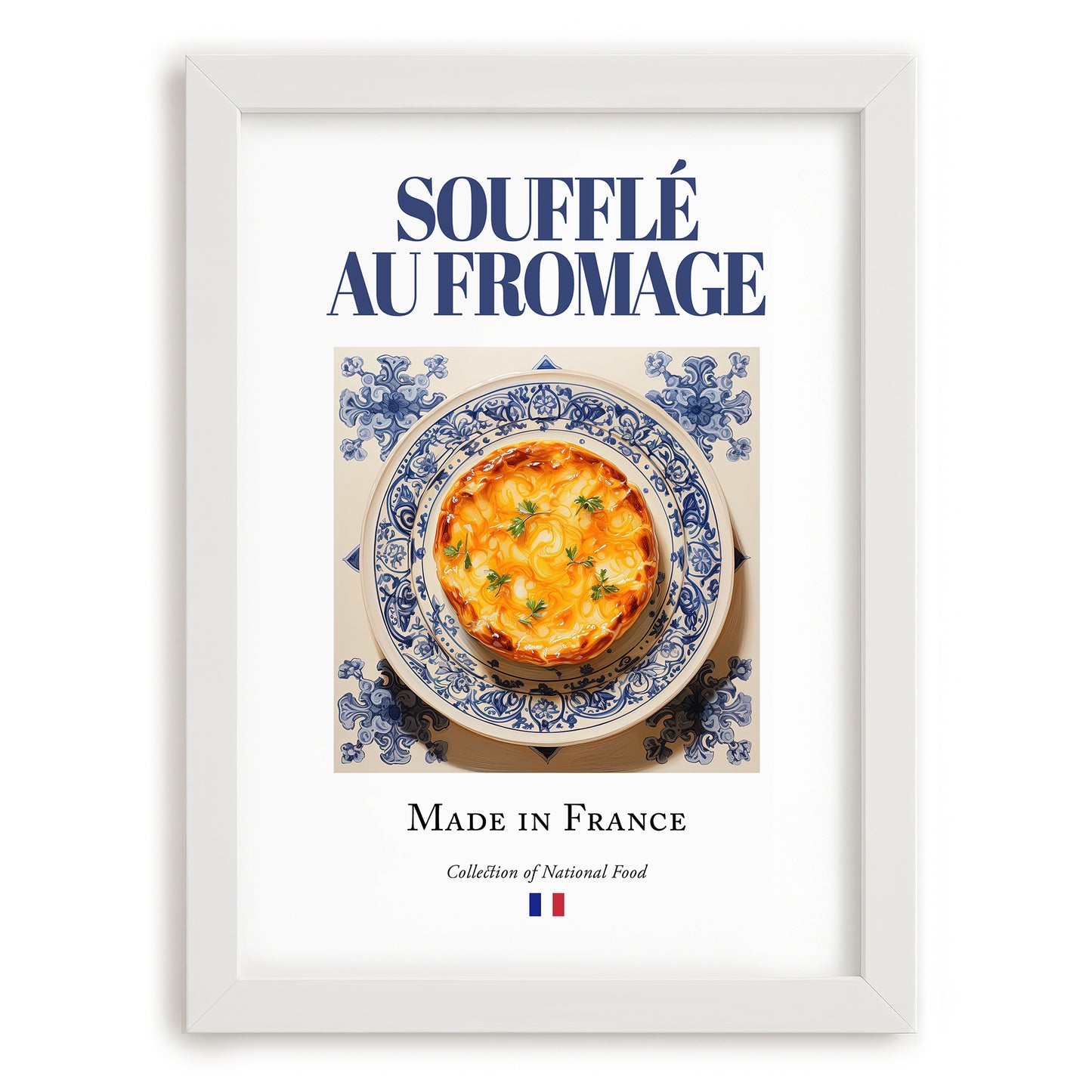 Soufflé au fromage – French Dish, Café Poster, placed in minimal white frame