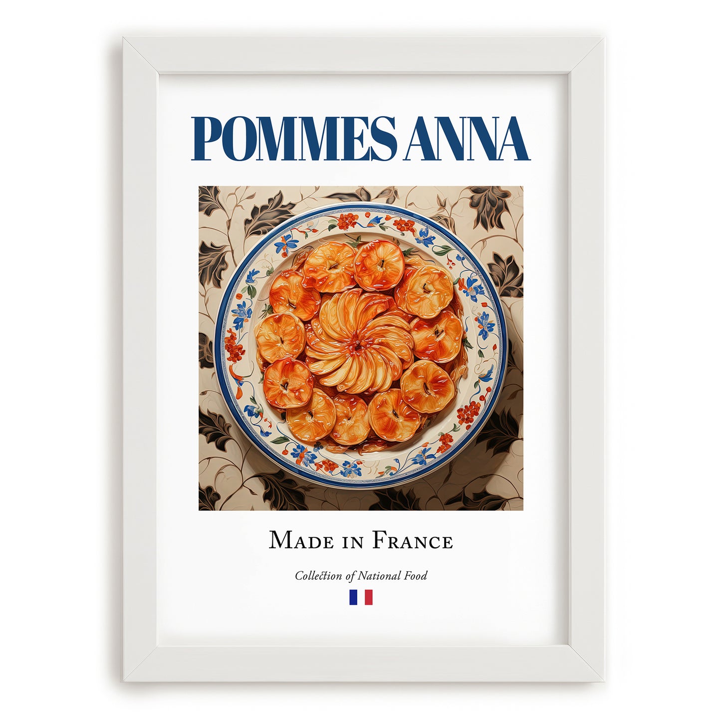 Pommes Anna – French Dish, Café Wall Decor, placed in minimal white frame