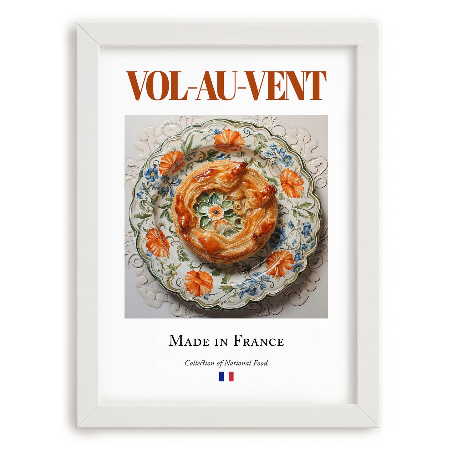 Vol-au-vent – French Dish, Farmhouse Kitchen Print, placed in minimal white frame