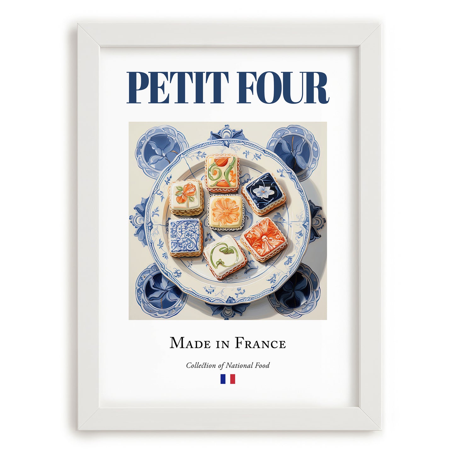 Petit four – French Dessert Dish, Bistro Wall Art, placed in minimal white frame