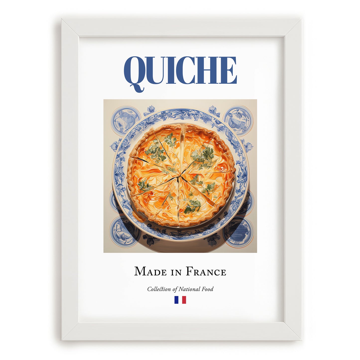 Quiche – French Dish, Bistro Wall Art, placed in minimal white frame