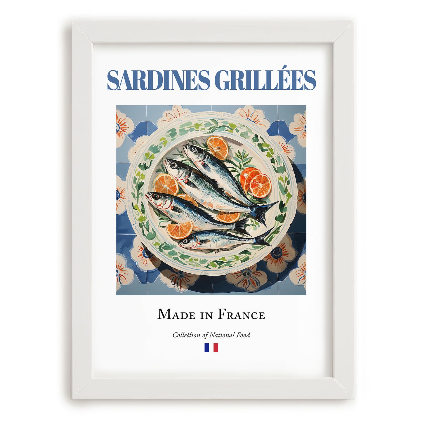 Sardines grillées – French Dish, Brasserie Poster, placed in minimal white frame