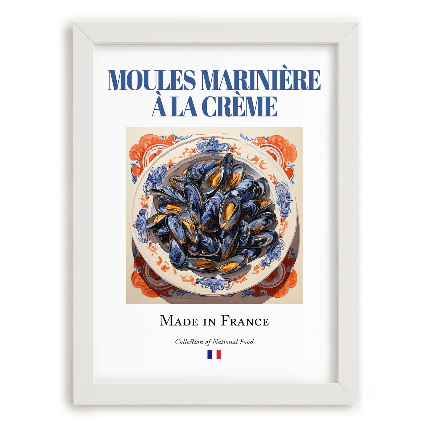 Moules marinière à la crème – French Dish, Café Art, placed in minimal white frame