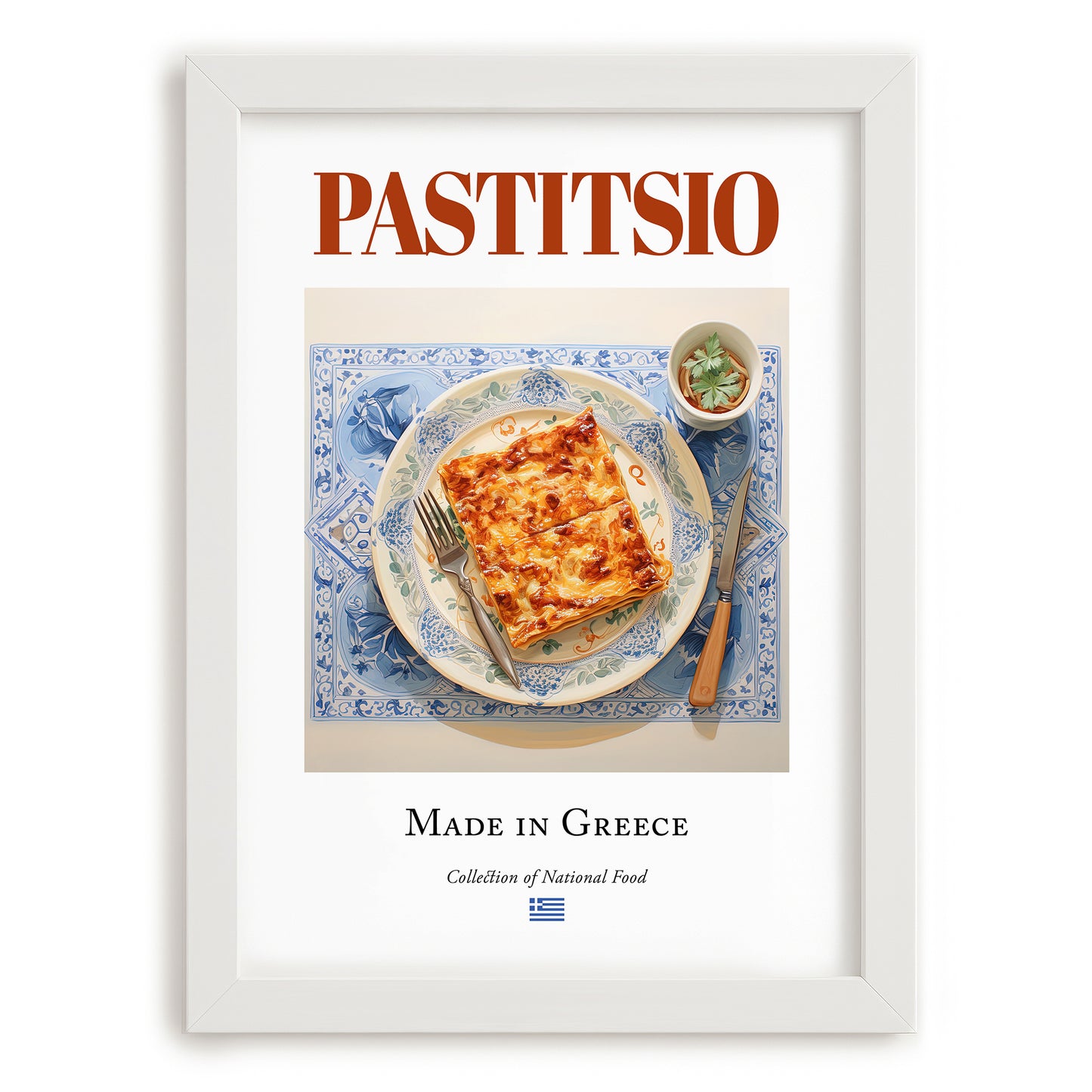 Pastitsio – Greek Meat Dish, Tavern Wall Decor, placed in minimal white frame