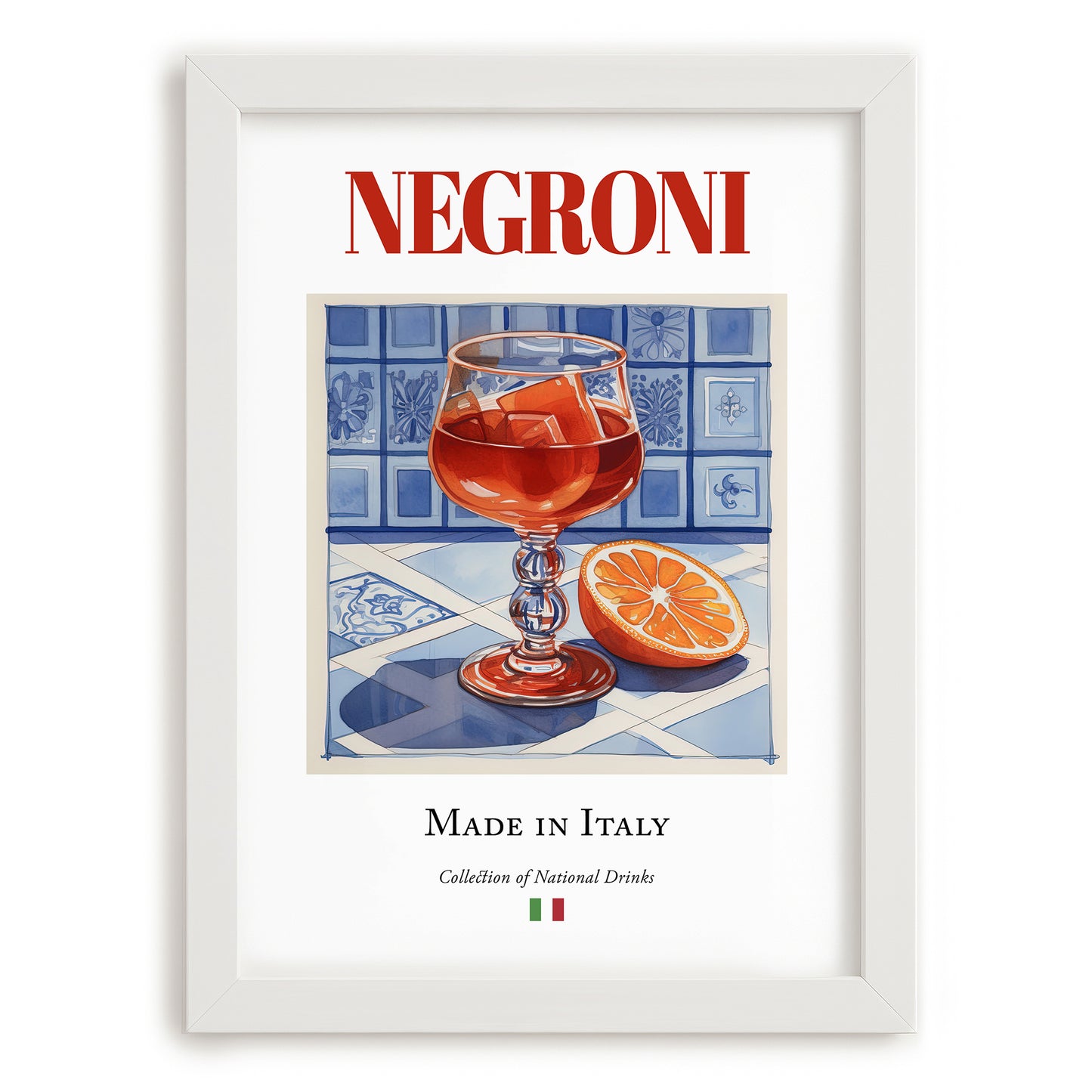 Negroni – Italian Cocktail Drink, Cocktail Lounge Poster, placed in minimal white frame