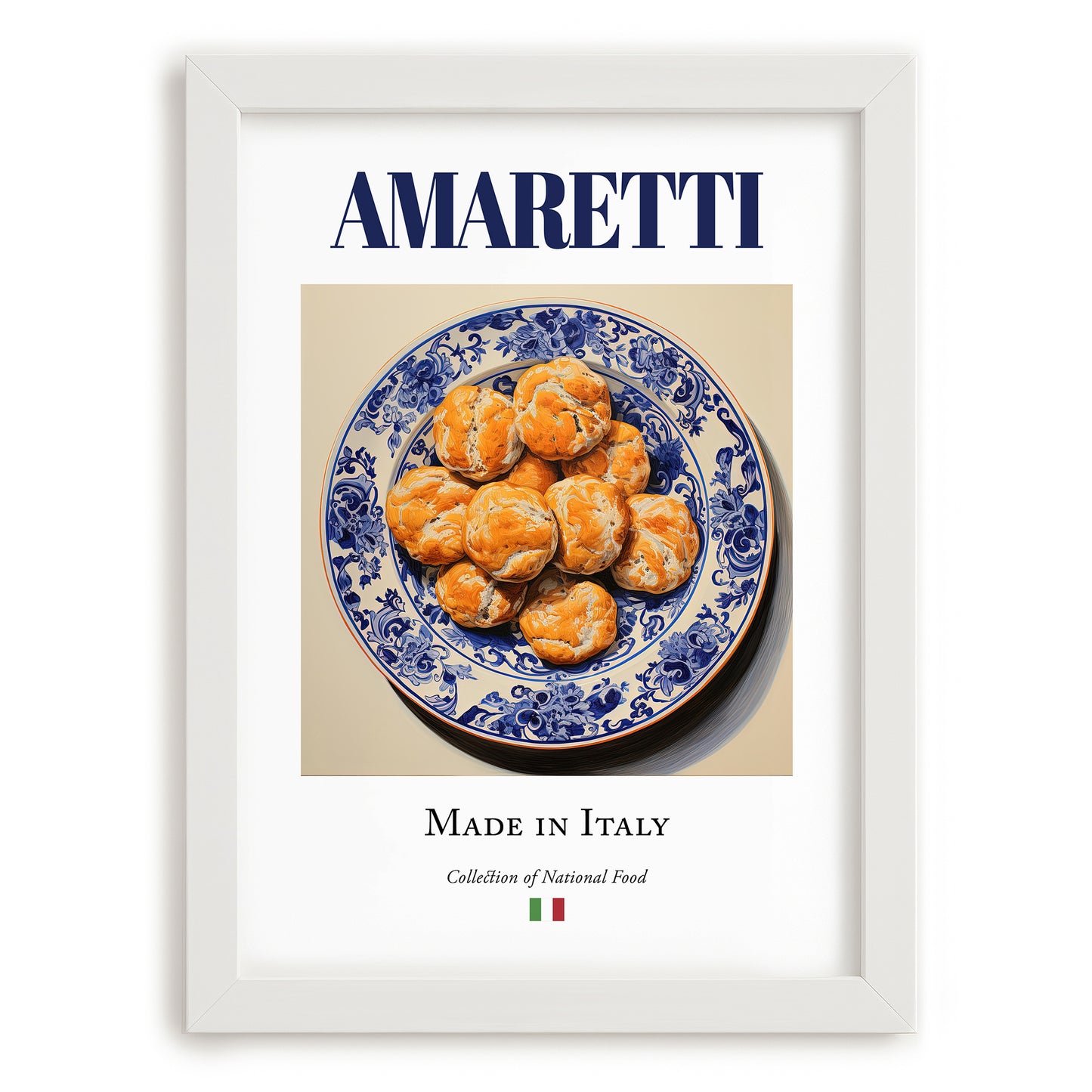 Amaretti – Italian Dessert Dish, Fine Dining Restaurant Illustration, placed in minimal white frame