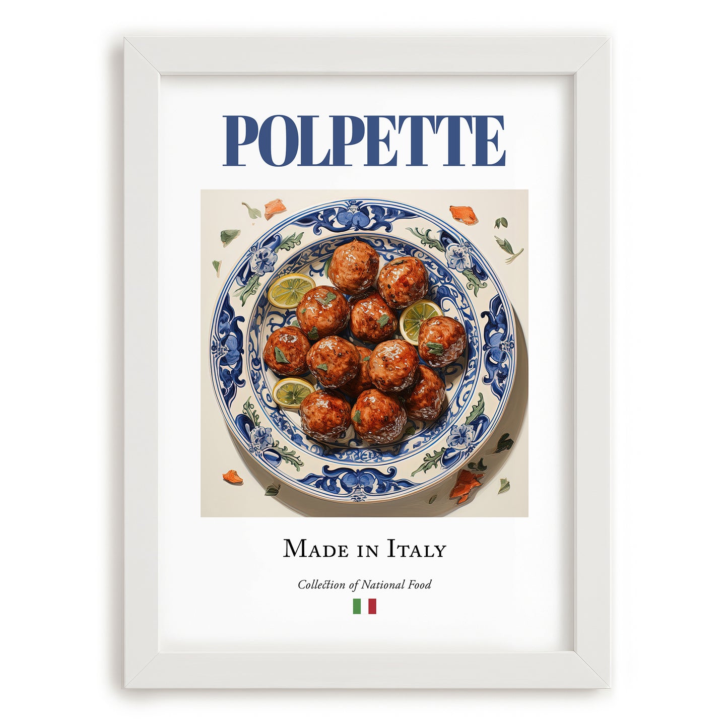 Polpette – Italian Meat Dish, Tavern Wall Decor, placed in minimal white frame