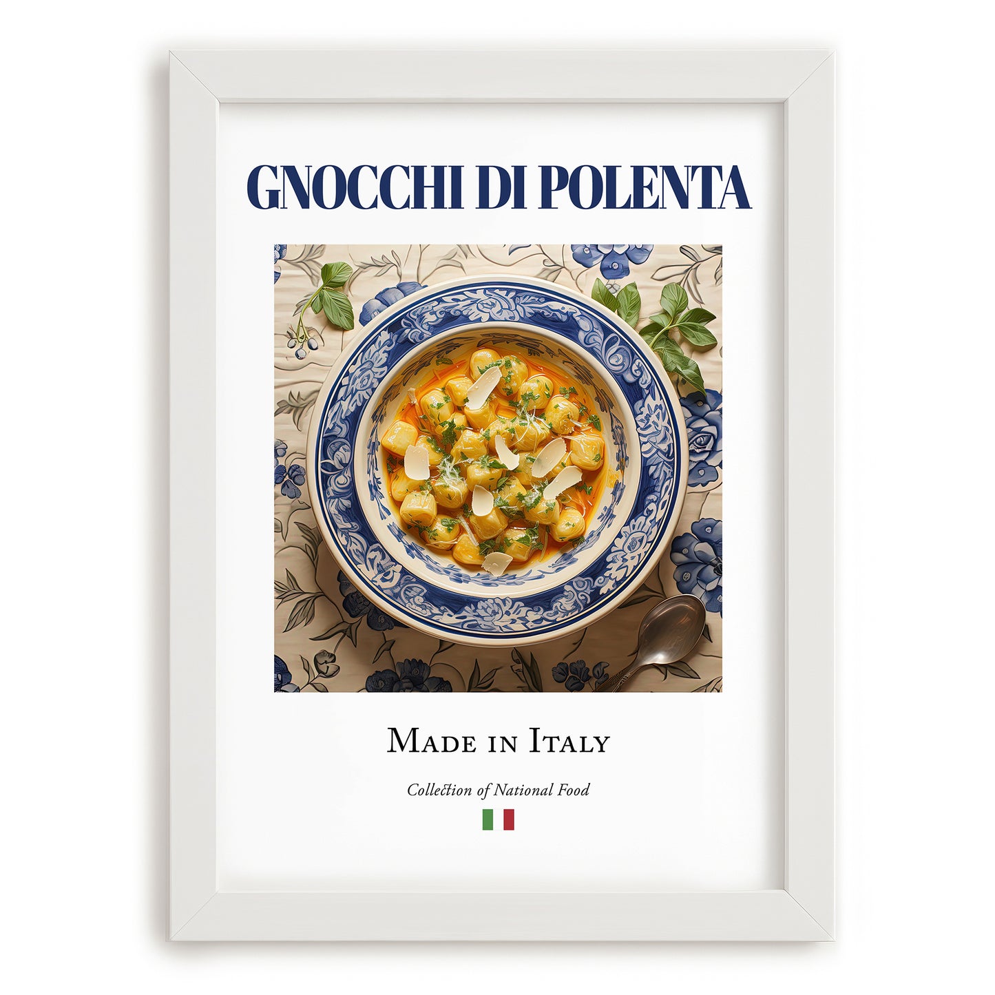 Gnocchi di Polenta – Italian Dish, Bistro Painting, placed in minimal white frame
