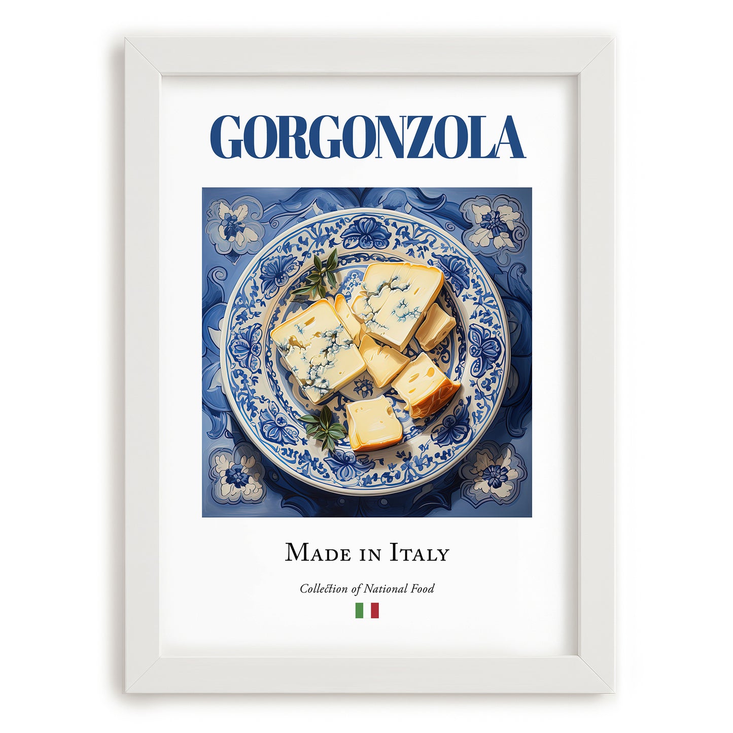 Gorgonzola – Italian Cheese Dish, Farmhouse Kitchen Print, placed in minimal white frame