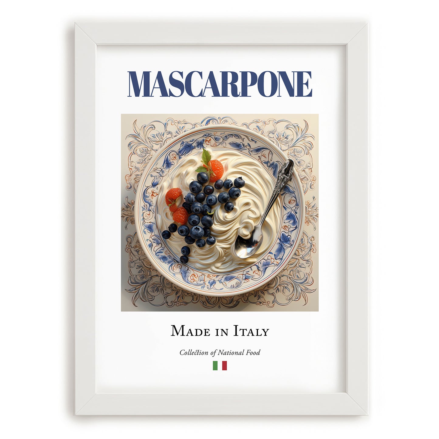 Mascarpone – Italian Cheese Dish, Bistro Wall Art, placed in minimal white frame