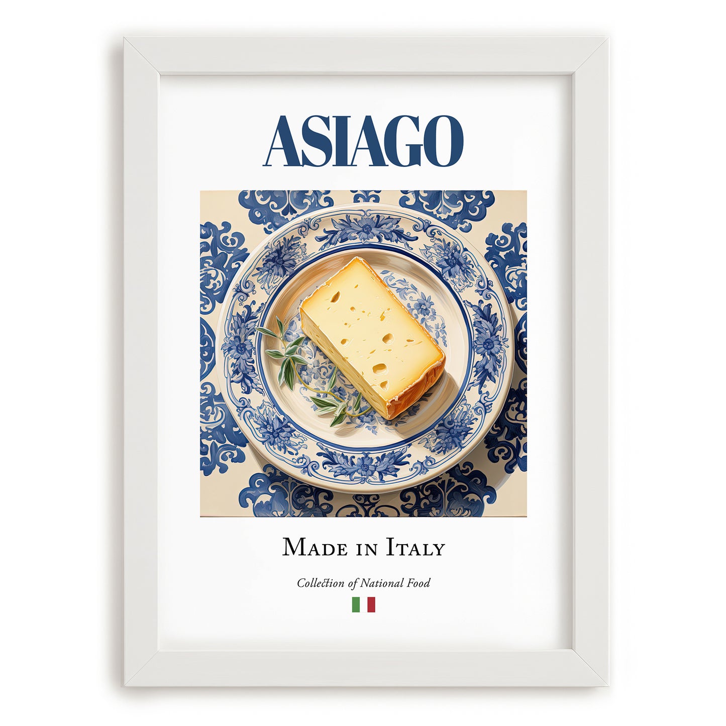 Asiago – Italian Cheese Dish, Tavern Wall Decor, placed in minimal white frame