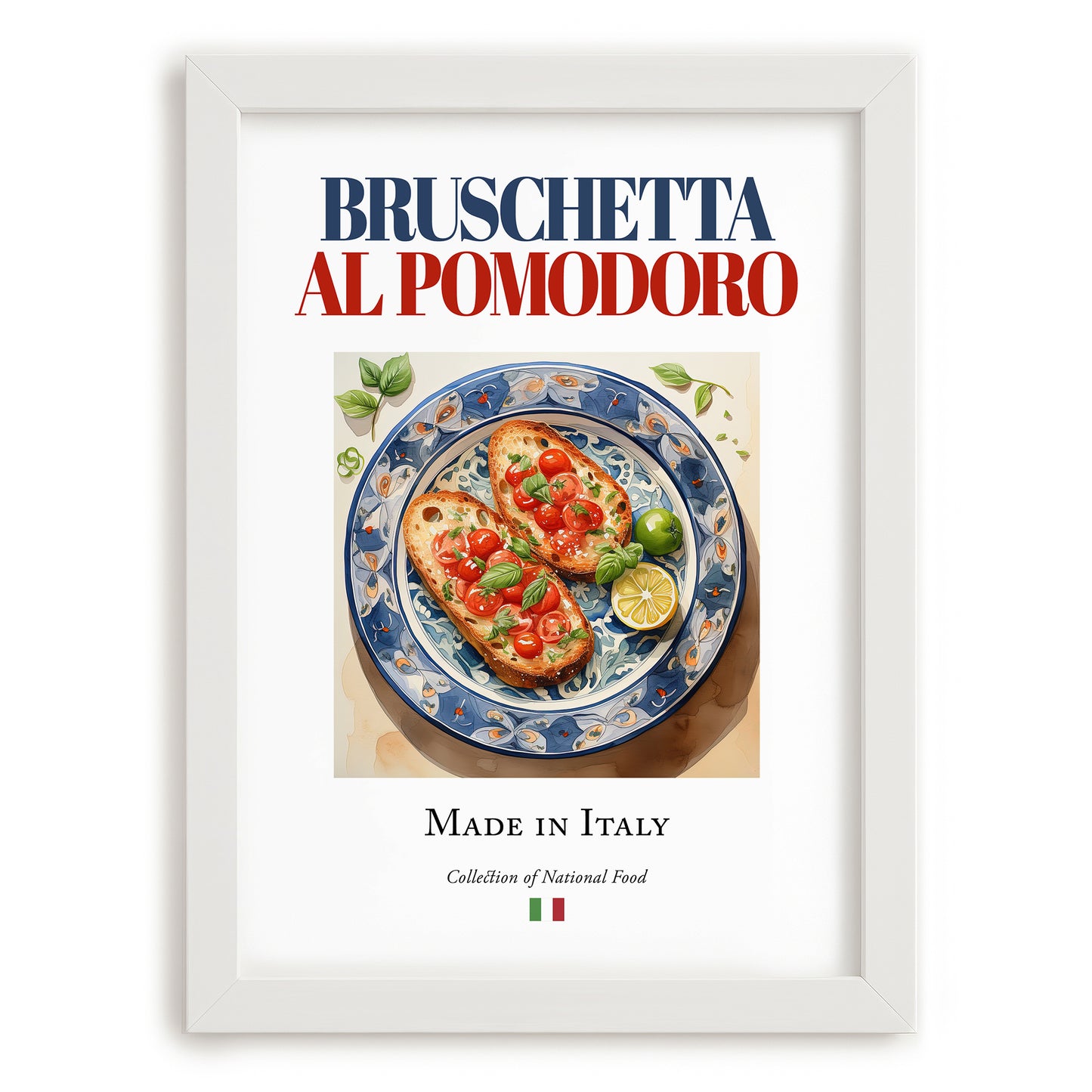 Bruschetta al pomodoro – Italian Dish, Bistro Still Life, placed in minimal white frame