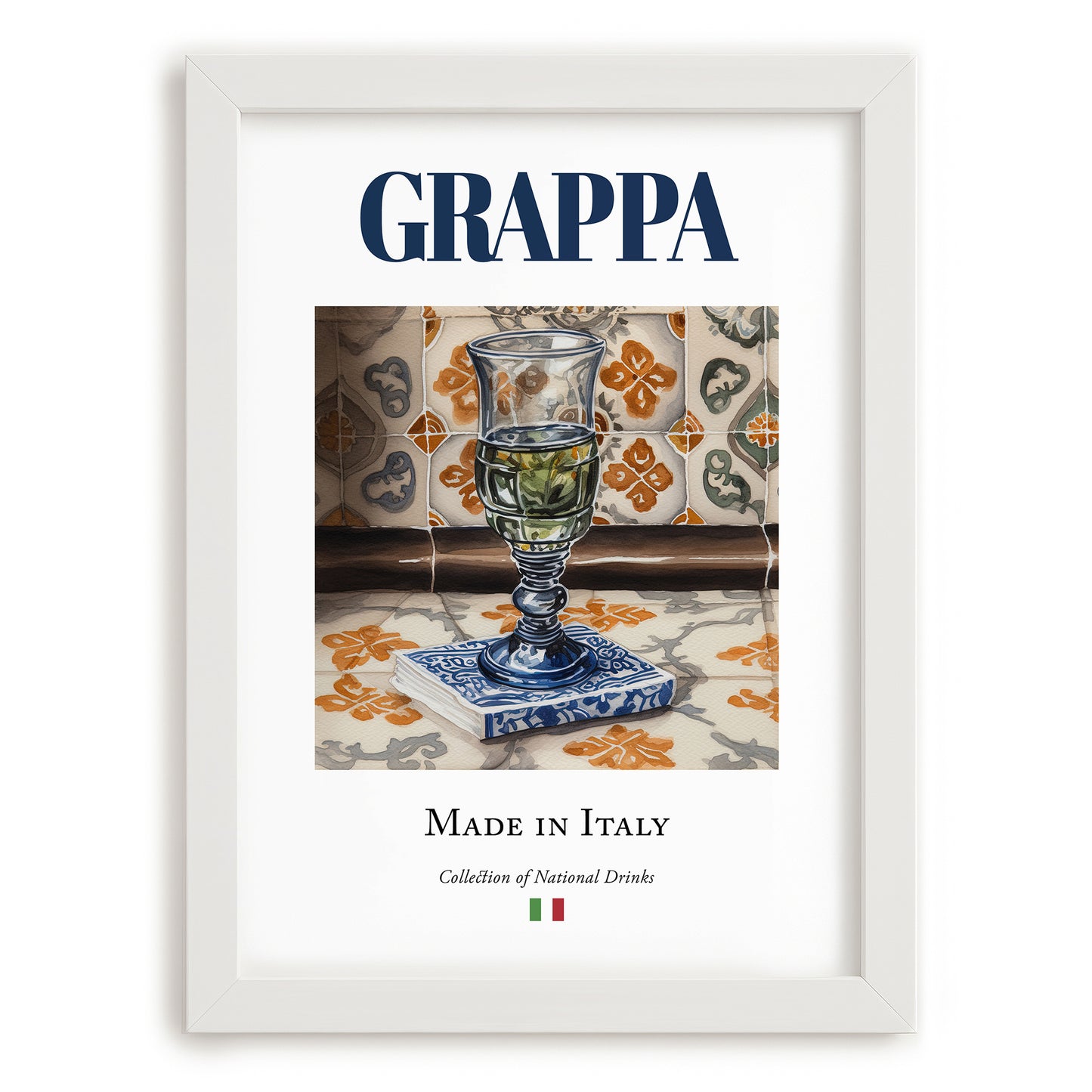 Grappa – Italian Spirit Drink, Jazz Bar Print, placed in minimal white frame