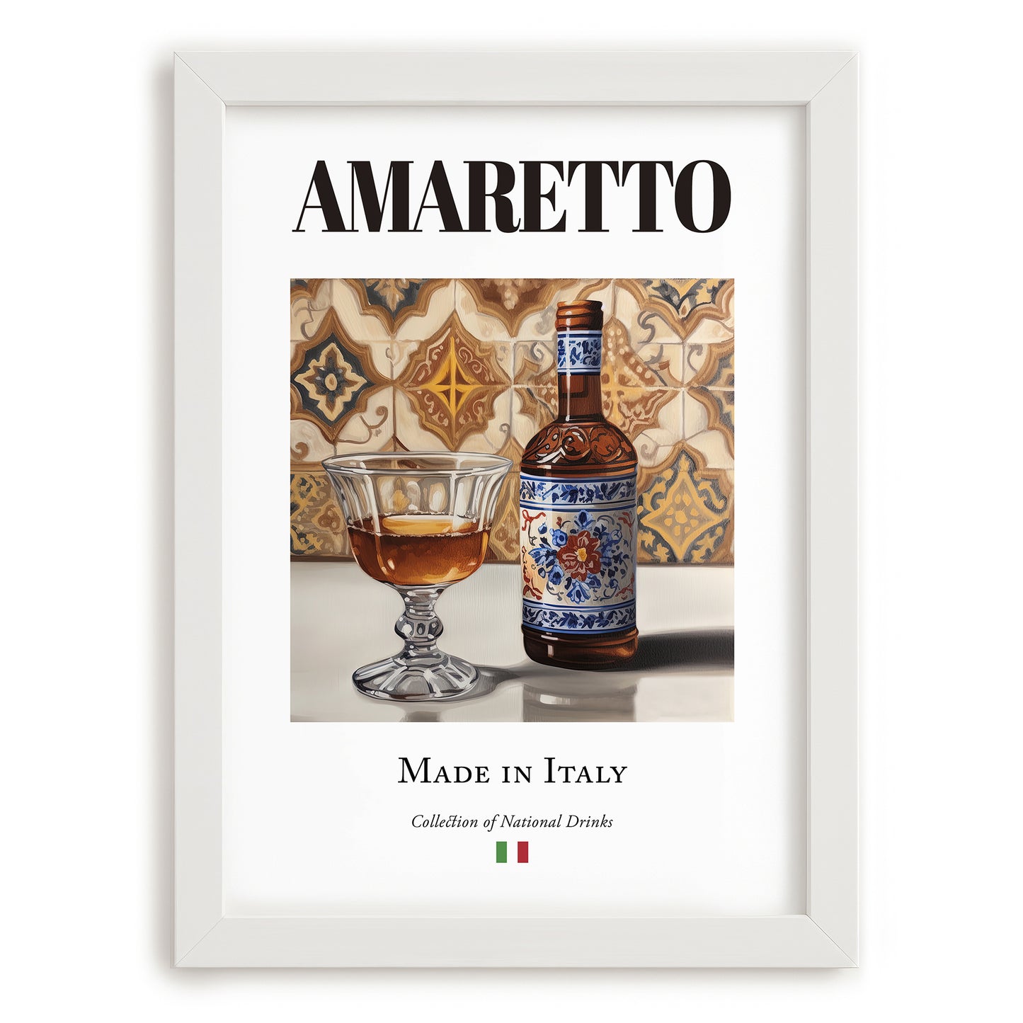 Amaretto – Italian Liqueur Drink, Cocktail Lounge Wall Decor, placed in minimal white frame
