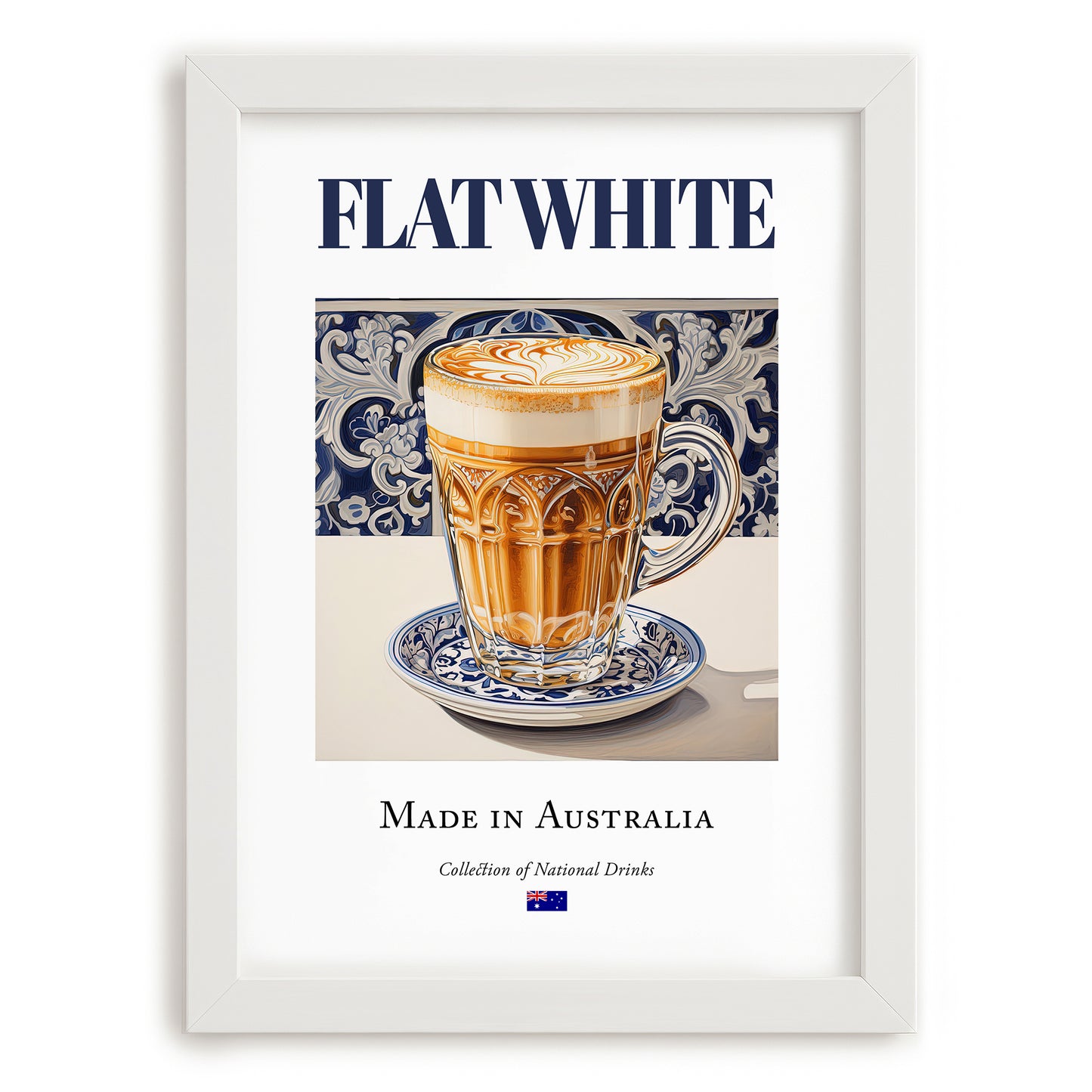 Flat White – Australian Coffee, Street Café Print, placed in minimal white frame