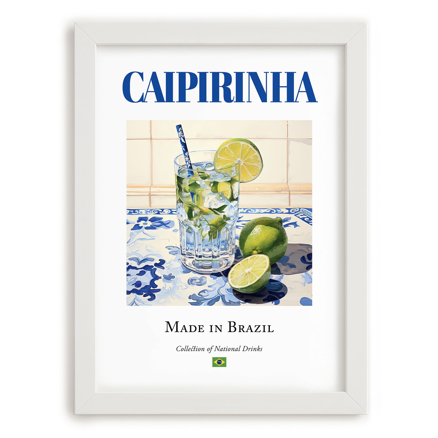 Caipirinha – Brazilian Cocktail Drink, Hotel Lobby Still Life, placed in minimal white frame