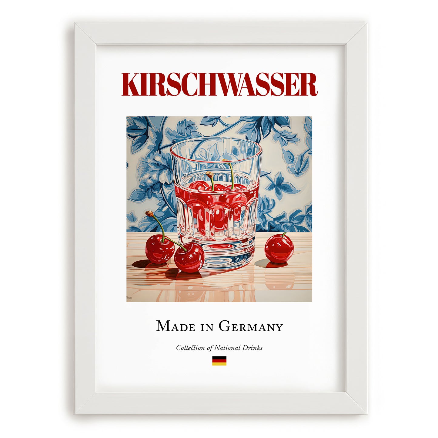 Kirschwasser – German Spirit Drink, Sky Bar Poster, placed in minimal white frame