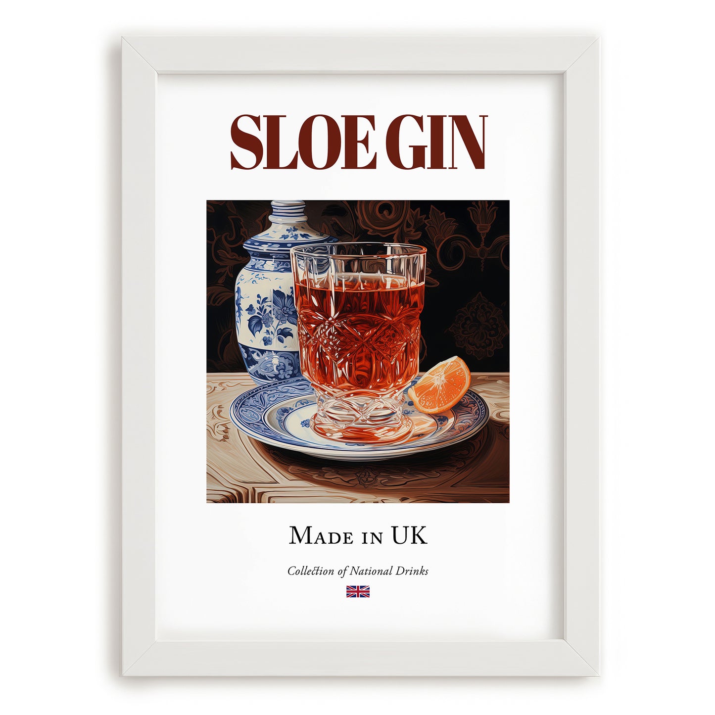 Sloe Gin – English Spirit Drink, Sky Bar Poster, placed in minimal white frame