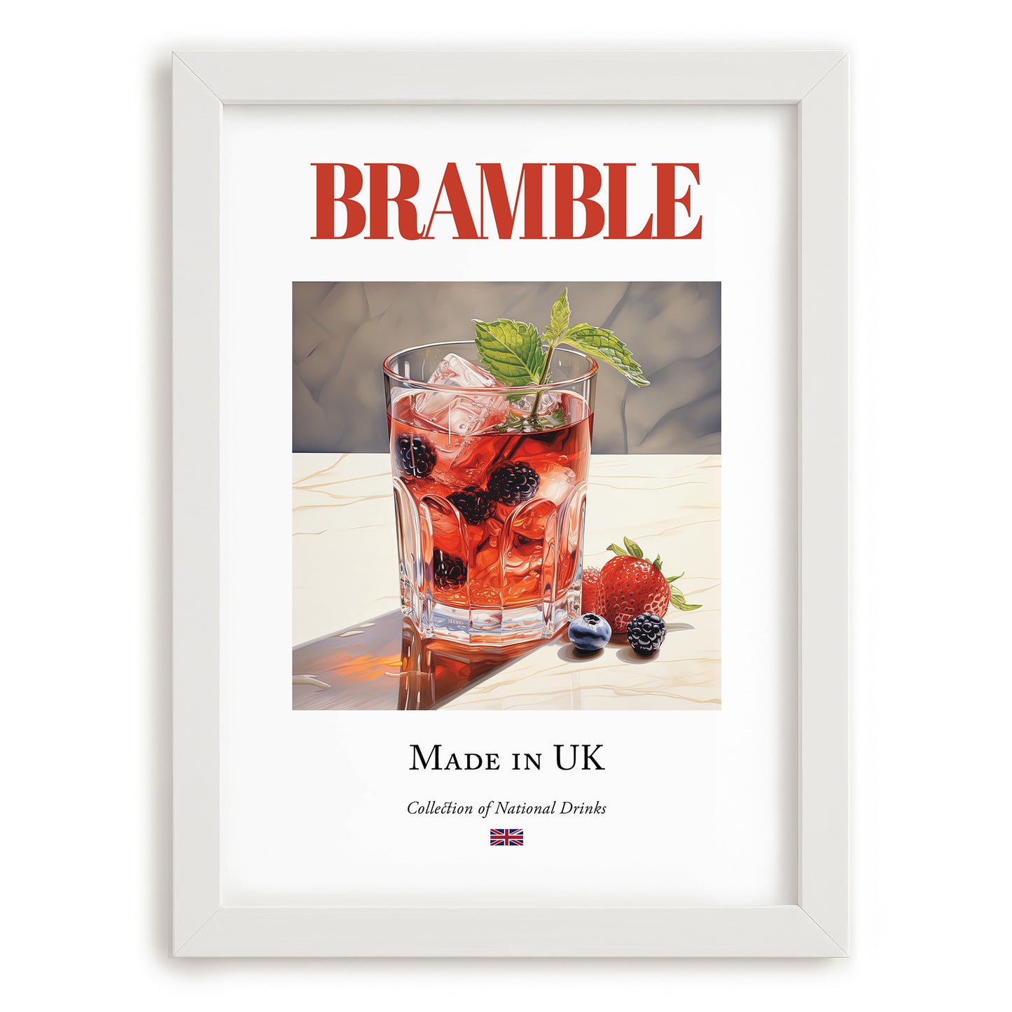 Bramble – English Cocktail Drink, Speakeasy Wall Art, placed in minimal white frame