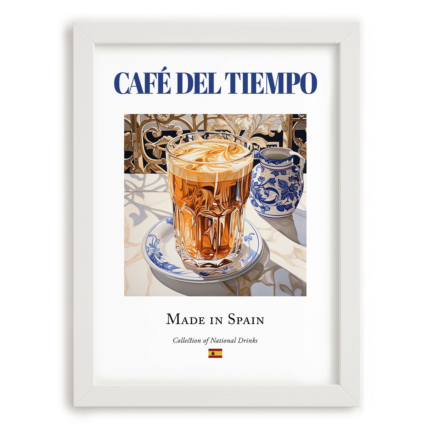 Café del tiempo – Spanish Coffee, Coffeehouse Art, placed in minimal white frame