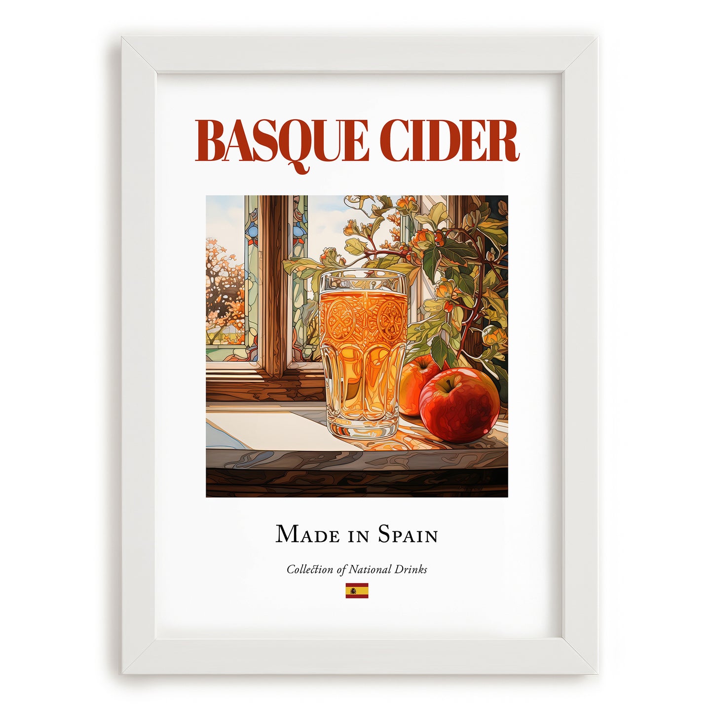 Basque Cider – Spanish Cider Cider, Country Pub Poster, placed in minimal white frame