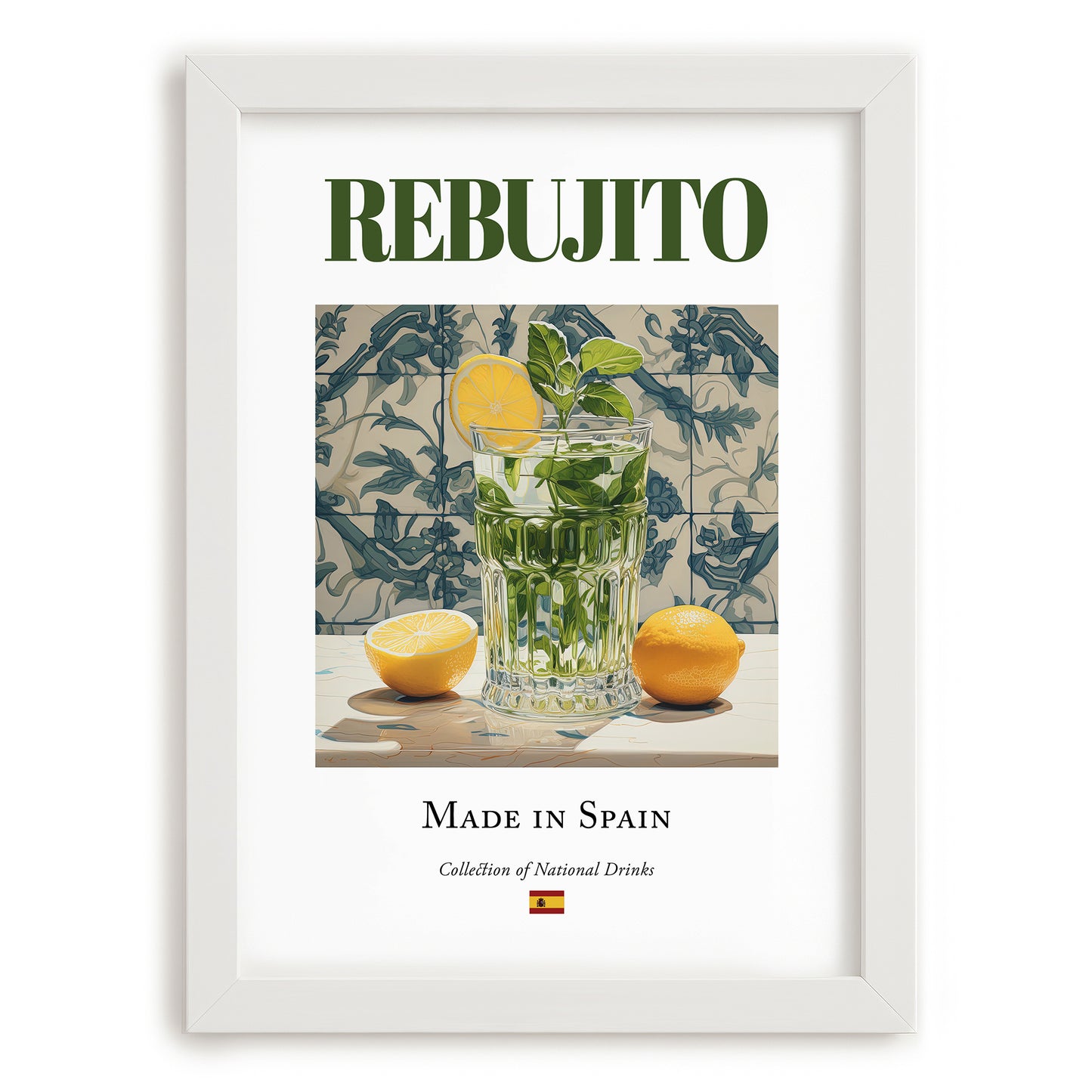 Rebujito – Spanish Cocktail Drink, Beach Bar Painting, placed in minimal white frame