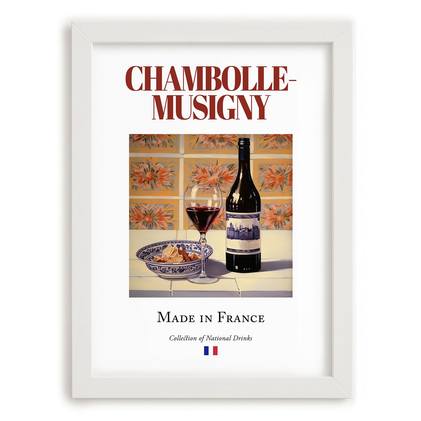Chambolle-Musigny – French Red Wine, Vineyard Terrace Still Life, placed in minimal white frame
