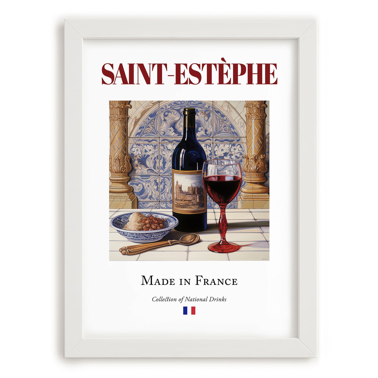 Saint-Estèphe – French Red Wine, Wine Bar Still Life, placed in minimal white frame