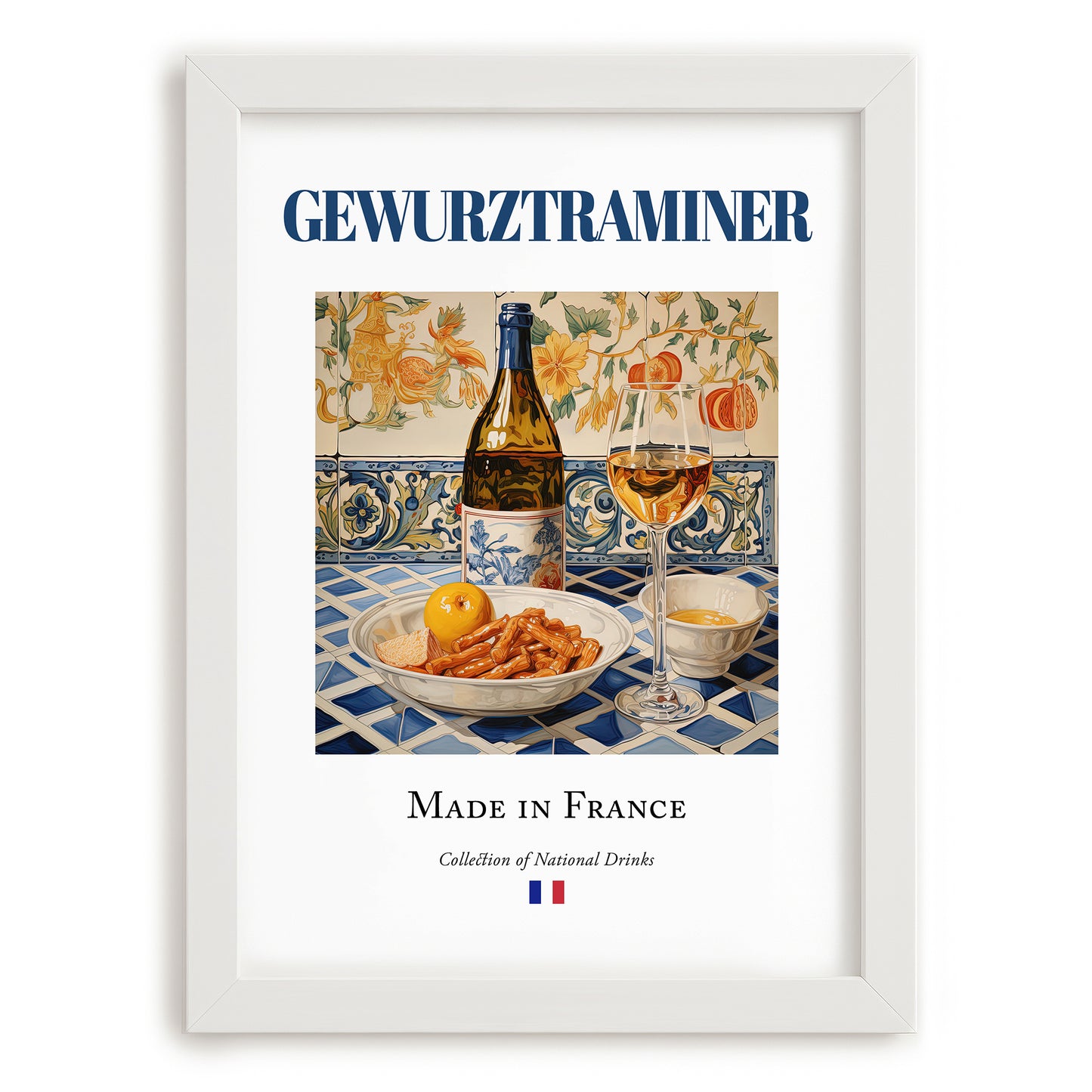 Gewurztraminer – French White Wine, Wine Bar Wall Art, placed in minimal white frame