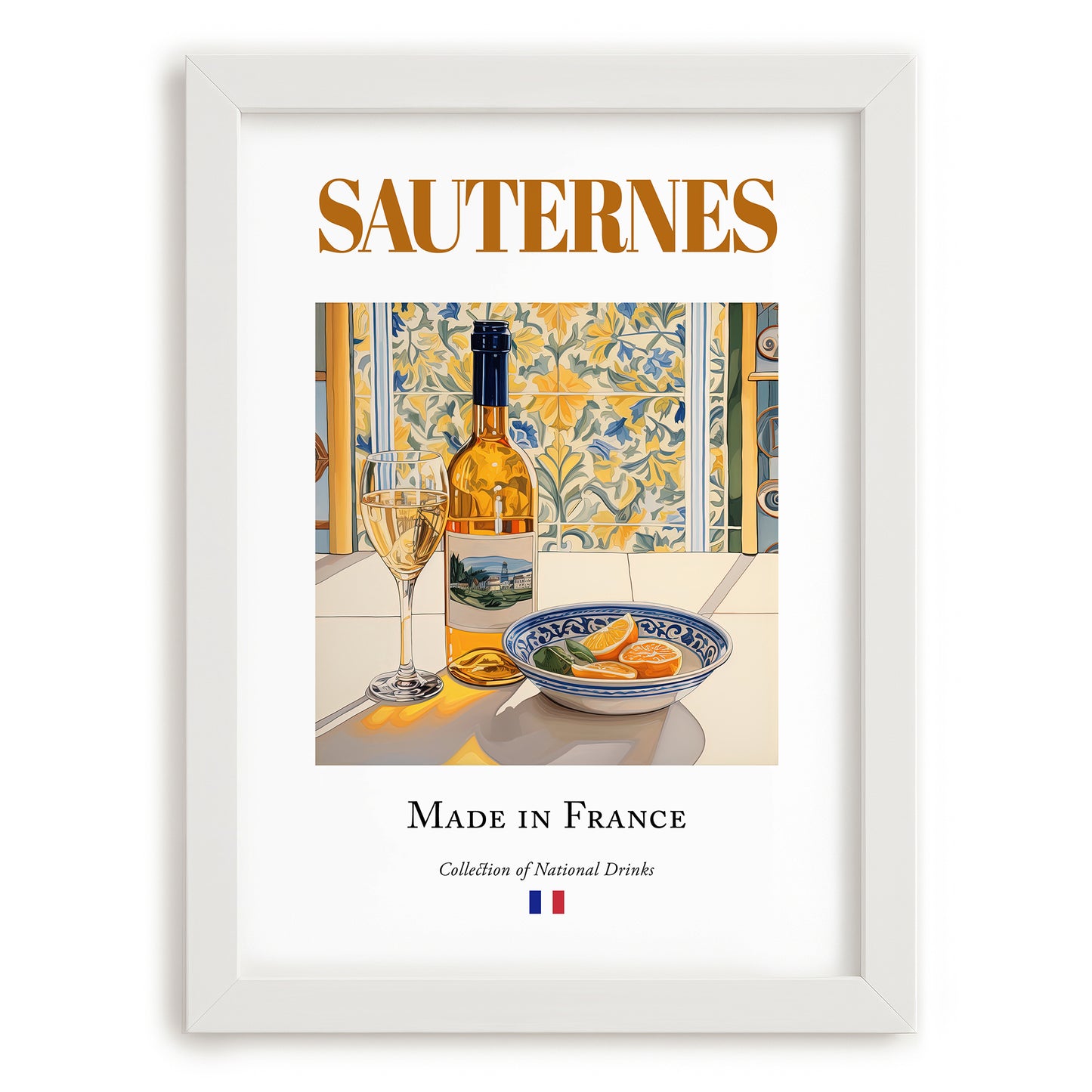Sauternes – French Dessert Wine, Enoteca Still Life, placed in minimal white frame