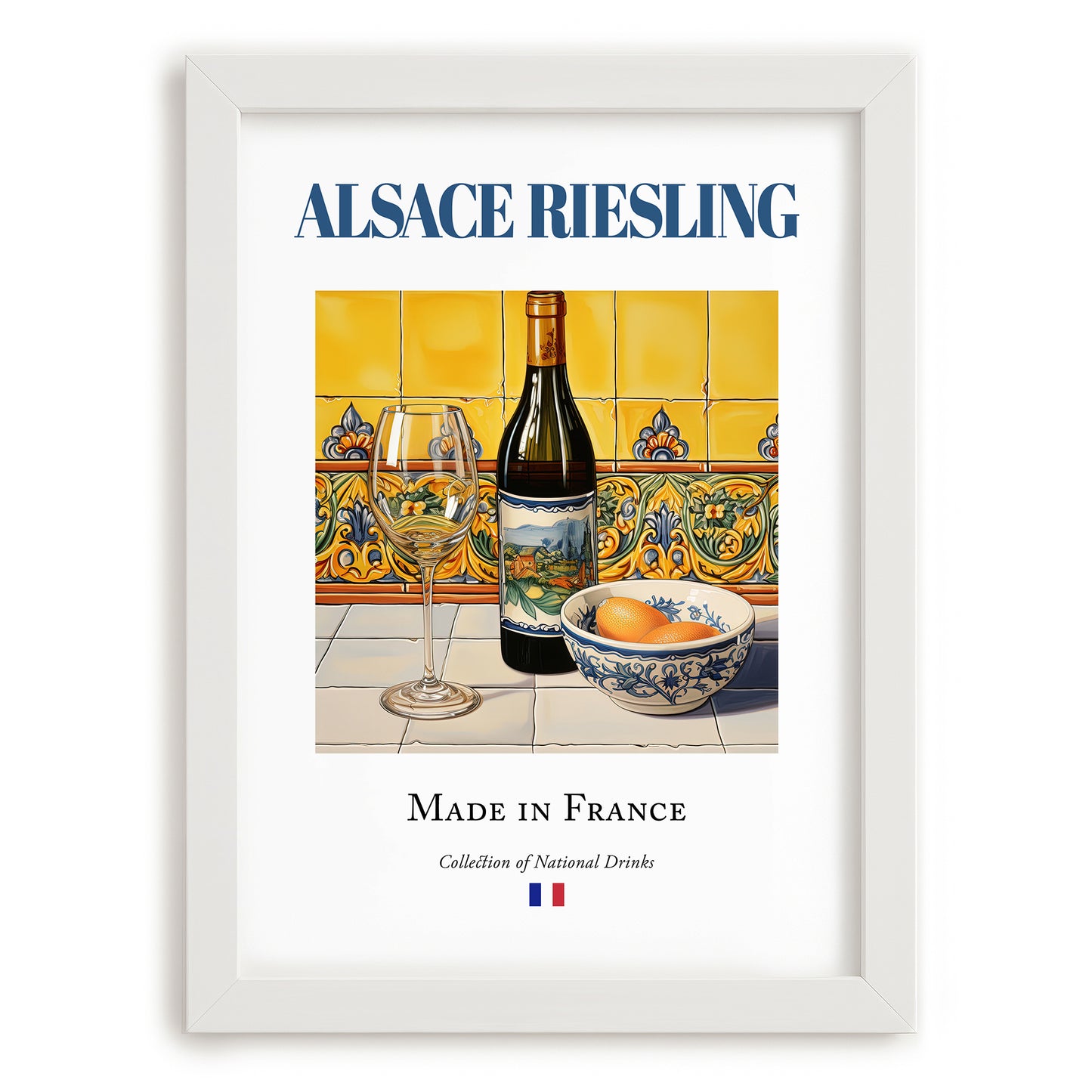 Alsace Riesling – French White Wine, Bodega Wall Decor, placed in minimal white frame