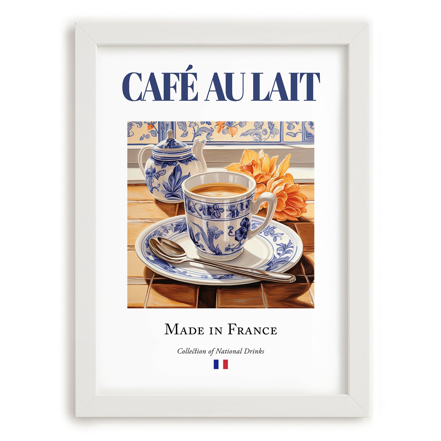 Café au lait – French Coffee, Espresso Bar Print, placed in minimal white frame