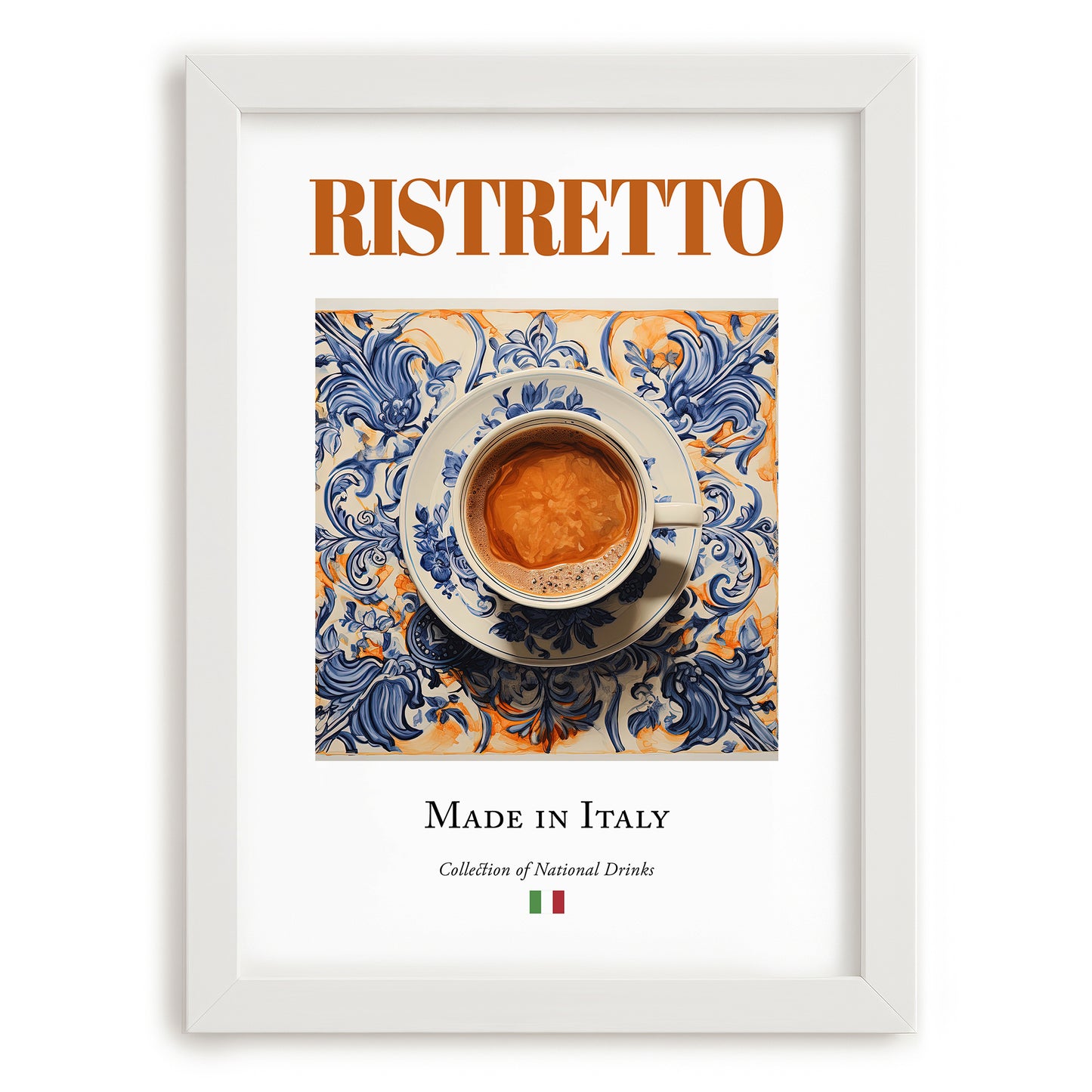 Ristretto – Italian Coffee, Street Café Illustration, placed in minimal white frame