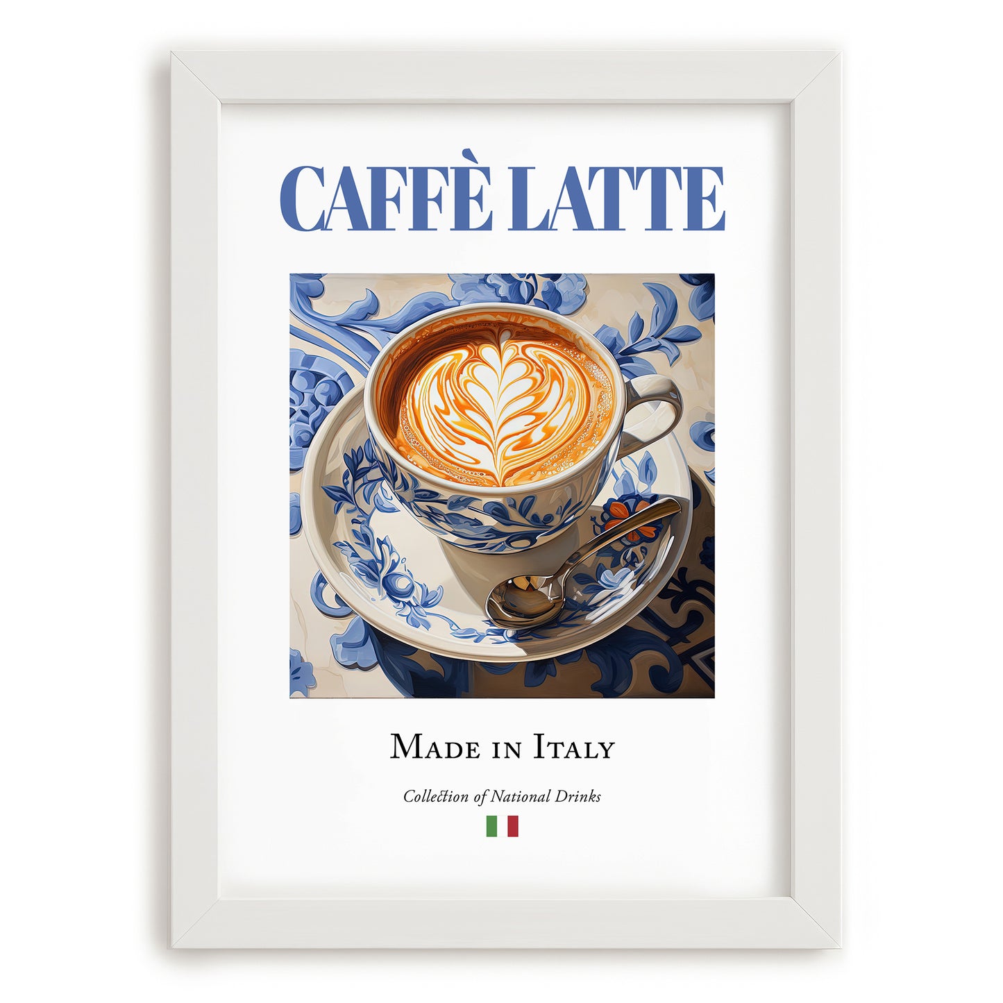 Caffè latte – Italian Coffee, Konditorei Print, placed in minimal white frame