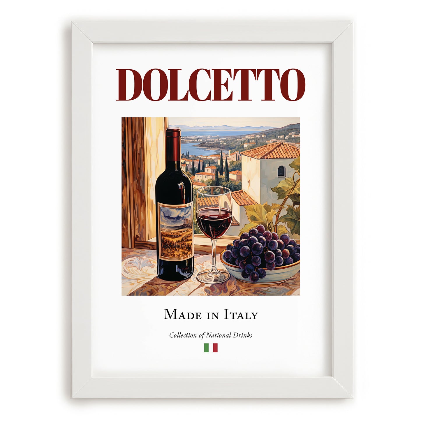 Dolcetto – Italian Red Wine, Wine Bar Print, placed in minimal white frame