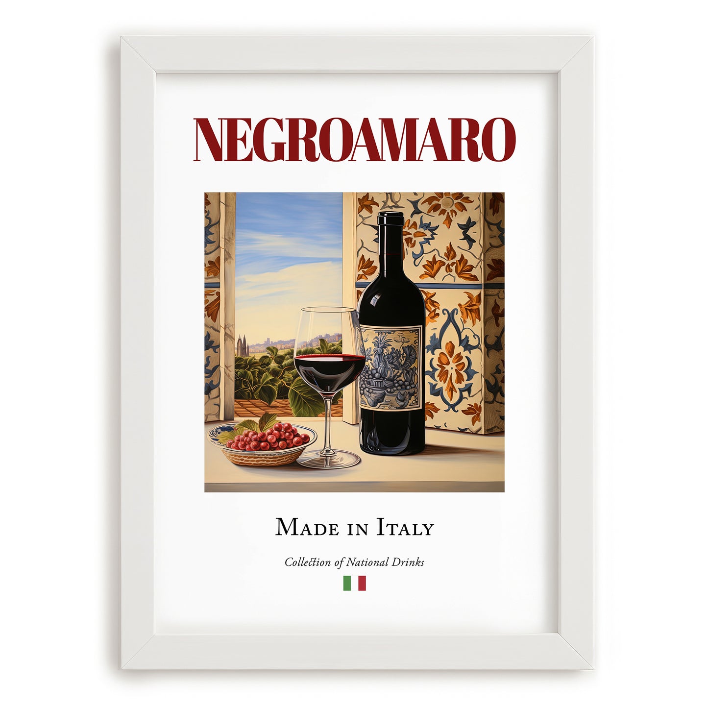 Negroamaro – Italian Red Wine, Wine Bar Wall Art, placed in minimal white frame