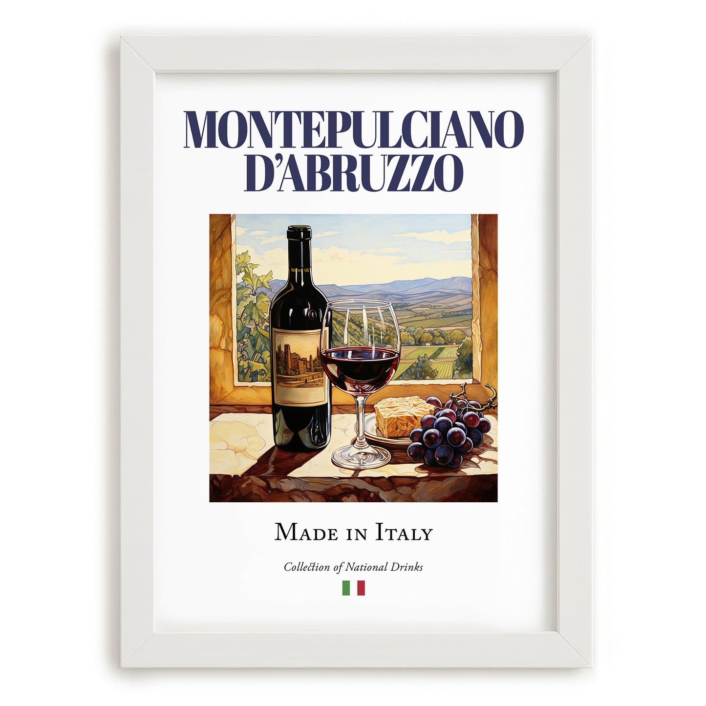Montepulciano d'Abruzzo – Italian Red Wine, Vineyard Terrace Illustration, placed in minimal white frame