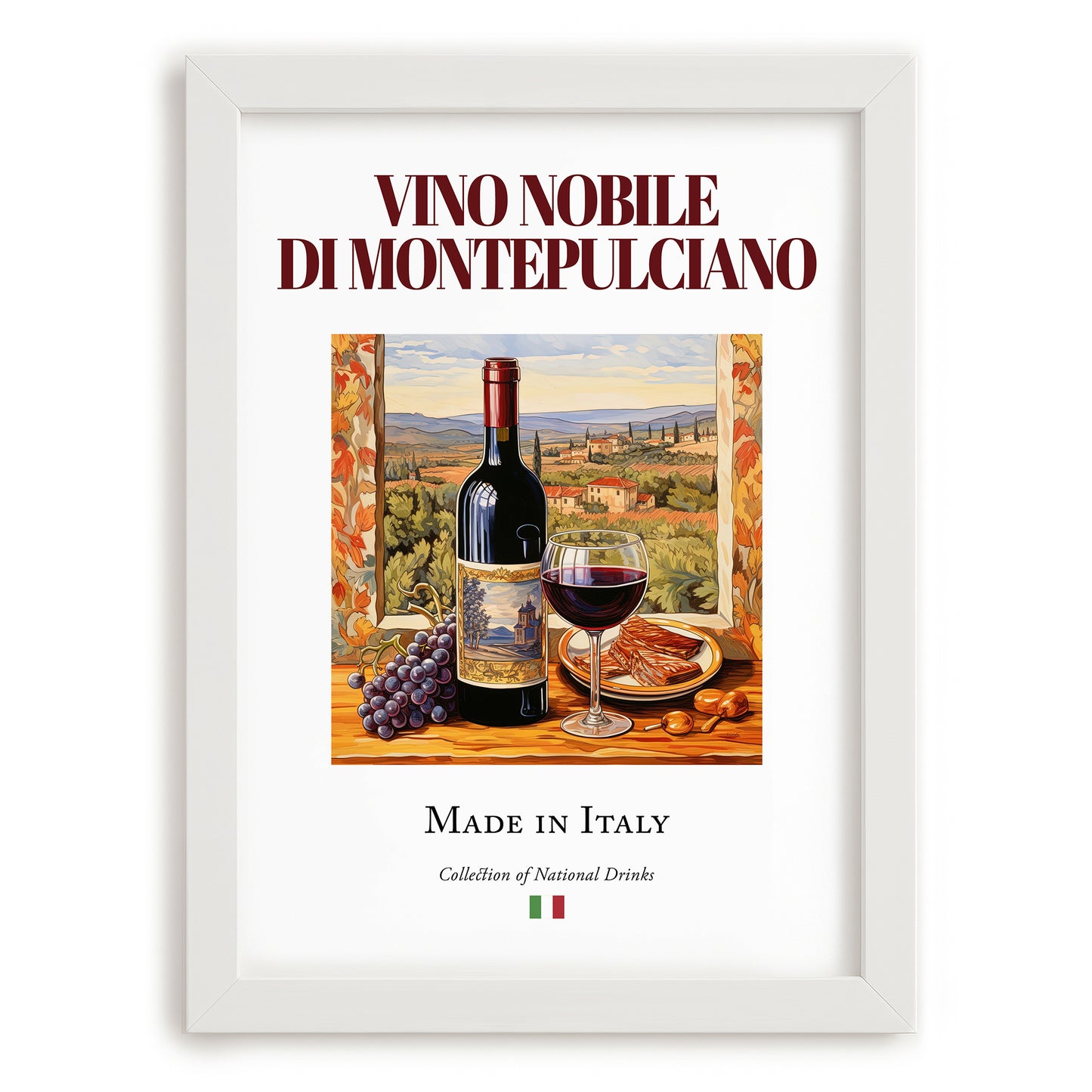 Vino Nobile di Montepulciano – Italian Red Wine, Enoteca Still Life, placed in minimal white frame