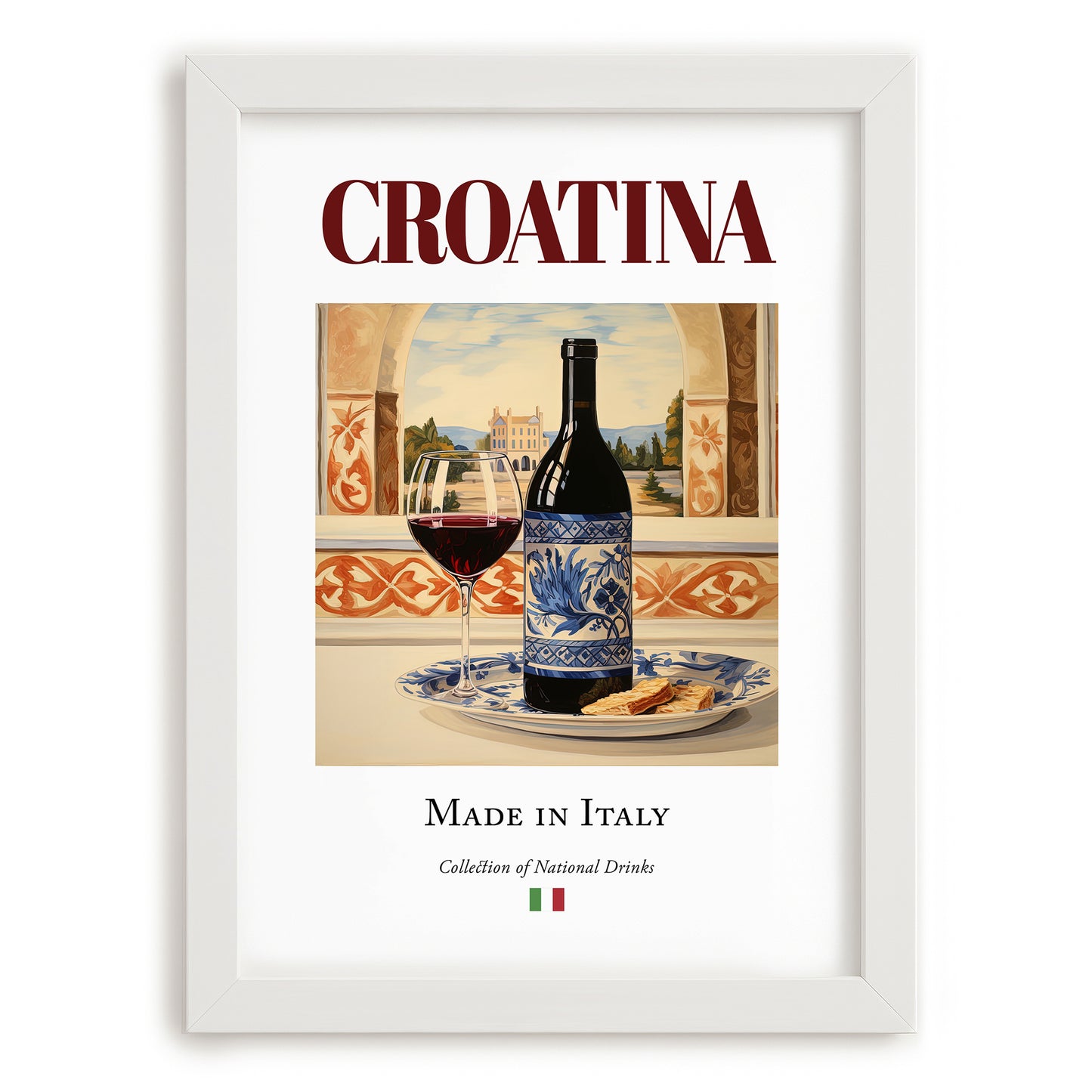 Croatina – Italian Red Wine, Vineyard Terrace Illustration, placed in minimal white frame