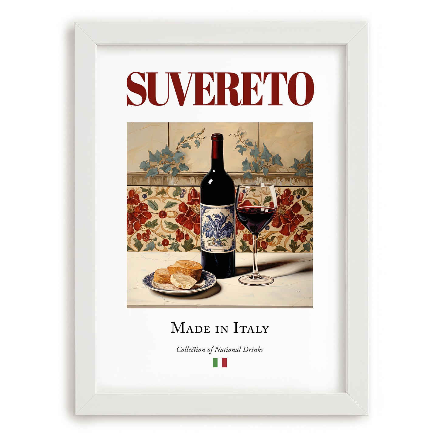 Suvereto – Italian Red Wine, Bodega Wall Decor, placed in minimal white frame