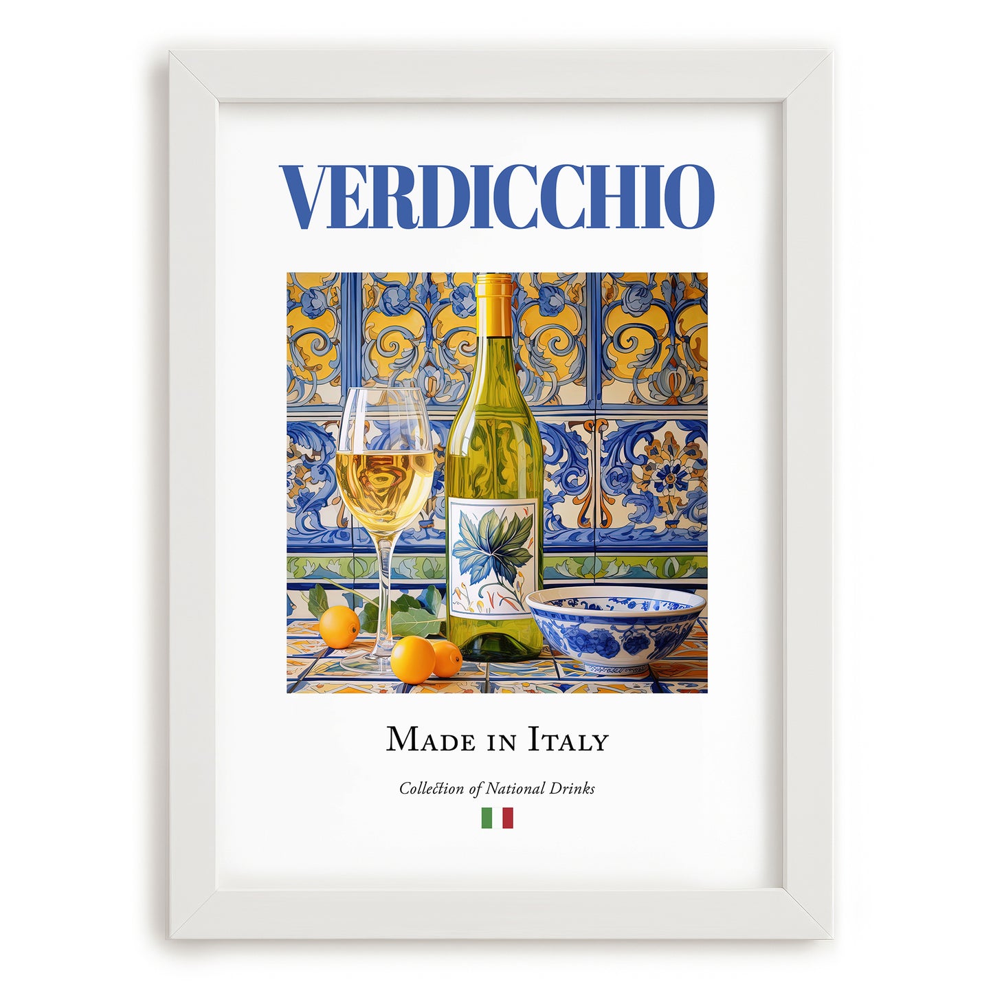 Verdicchio – Italian White Wine, Wine Bar Art, placed in minimal white frame