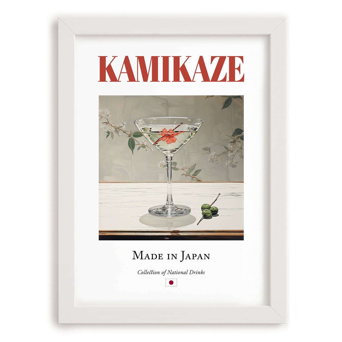 Kamikaze – Japanese Cocktail Drink, Beach Bar Print, placed in minimal white frame