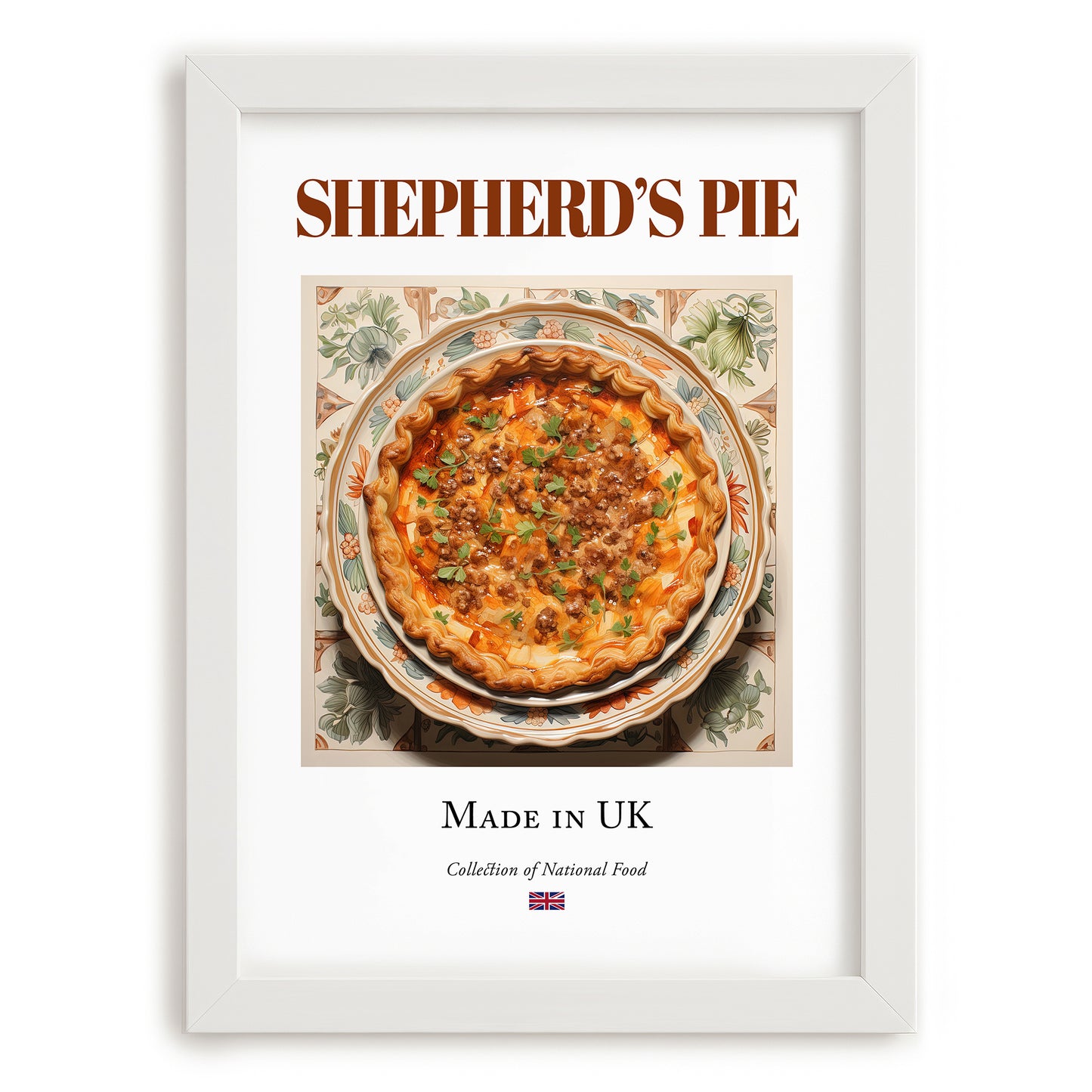 Shepherd's Pie – English Dish, Brasserie Illustration, placed in minimal white frame