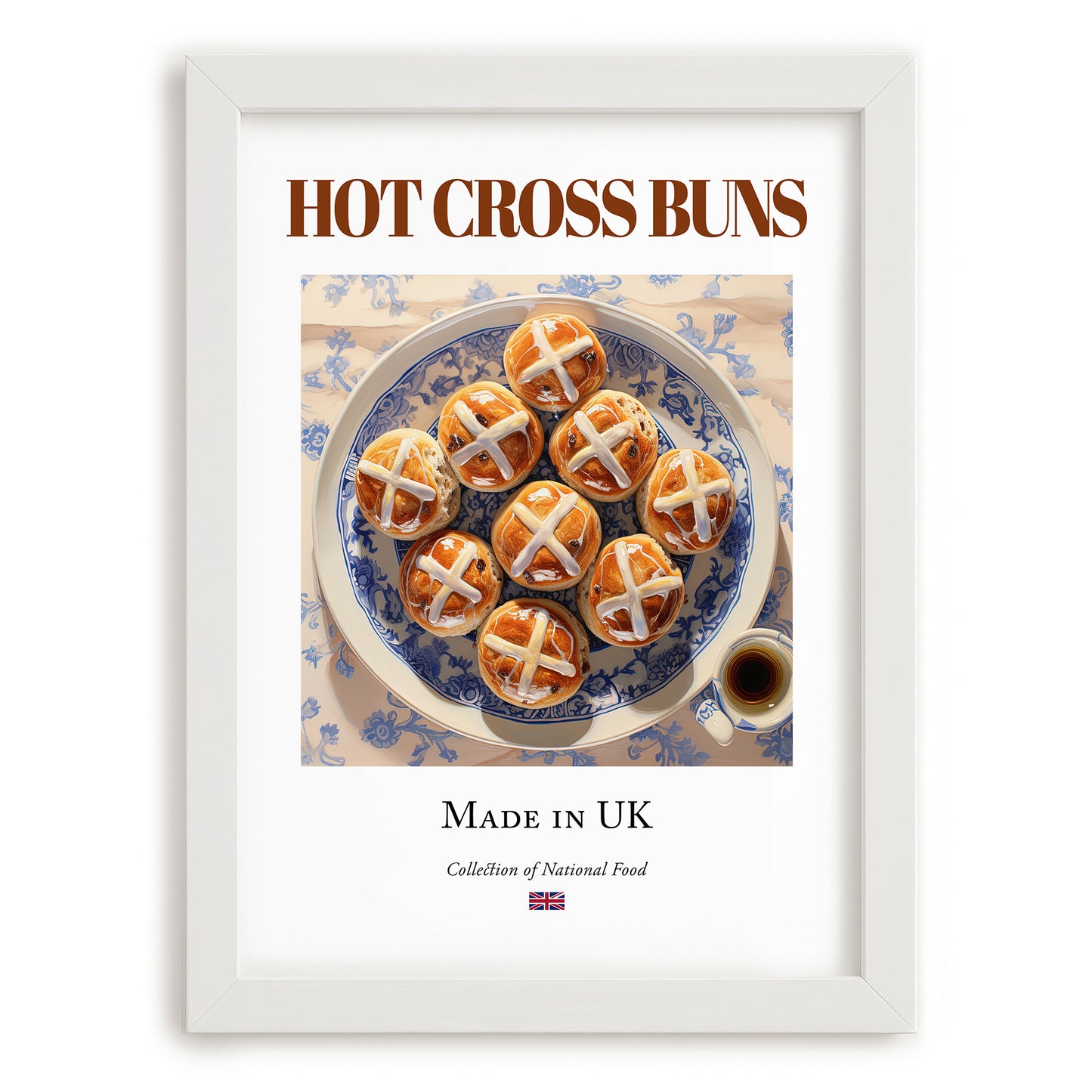 Hot Cross Buns – English Dessert Dish, Café Painting, placed in minimal white frame