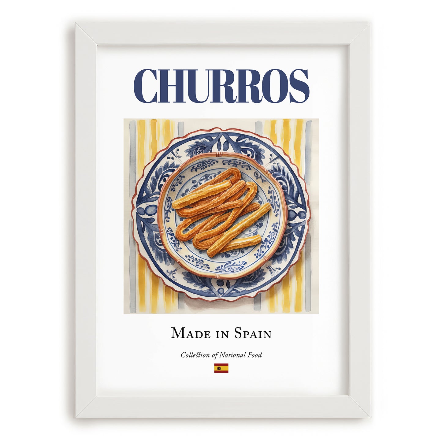 Churros – Spanish Dessert Dish, Farmhouse Kitchen Poster, placed in minimal white frame