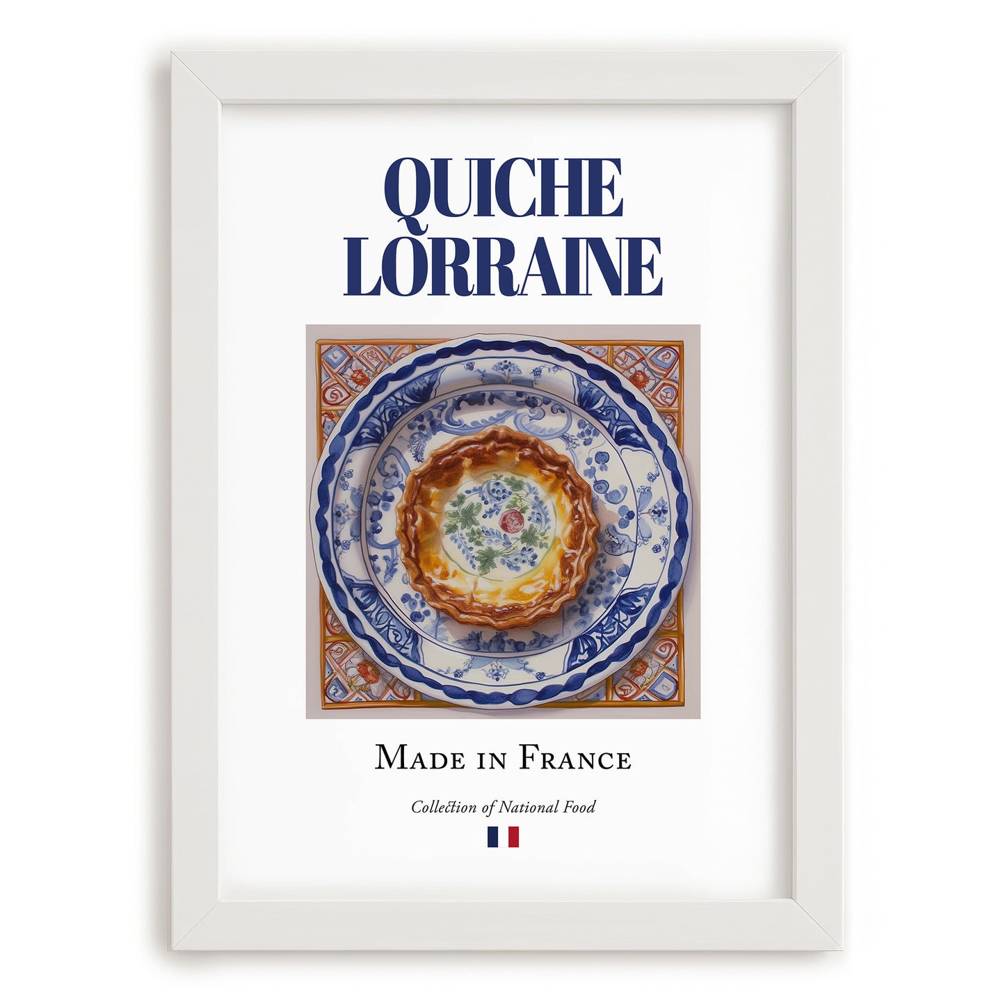 Quiche Lorraine – French Dish, Farmhouse Kitchen Wall Art, placed in minimal white frame