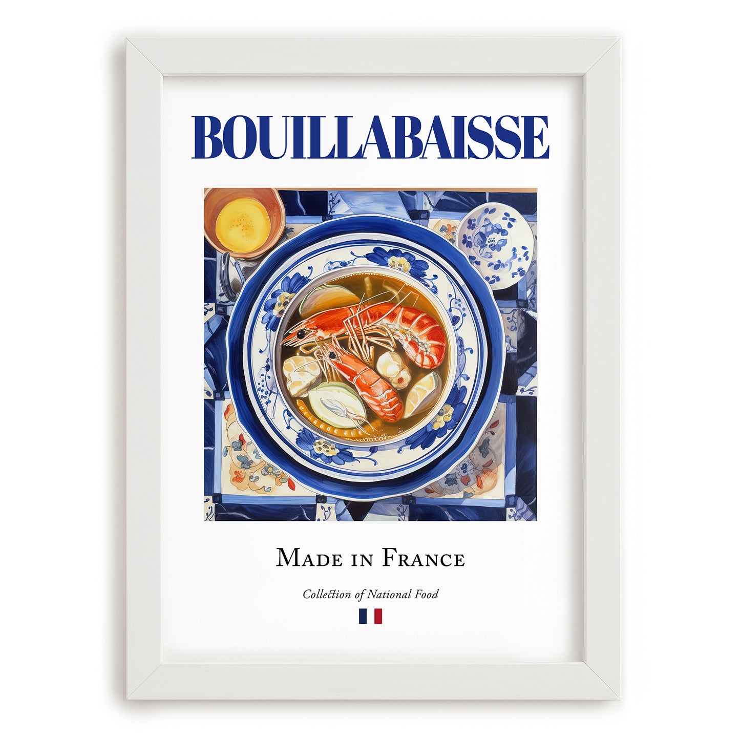 Bouillabaisse – French Soup Dish, Farmhouse Kitchen Illustration, placed in minimal white frame