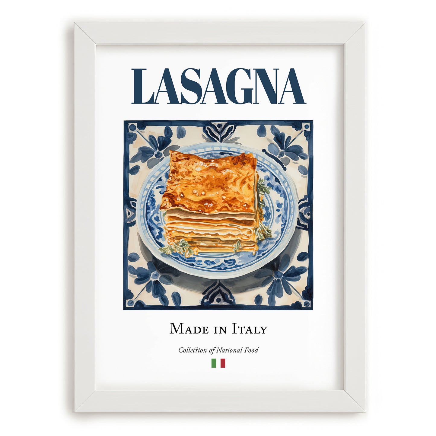 Lasagna – Italian Pasta, Trattoria Print, placed in minimal white frame