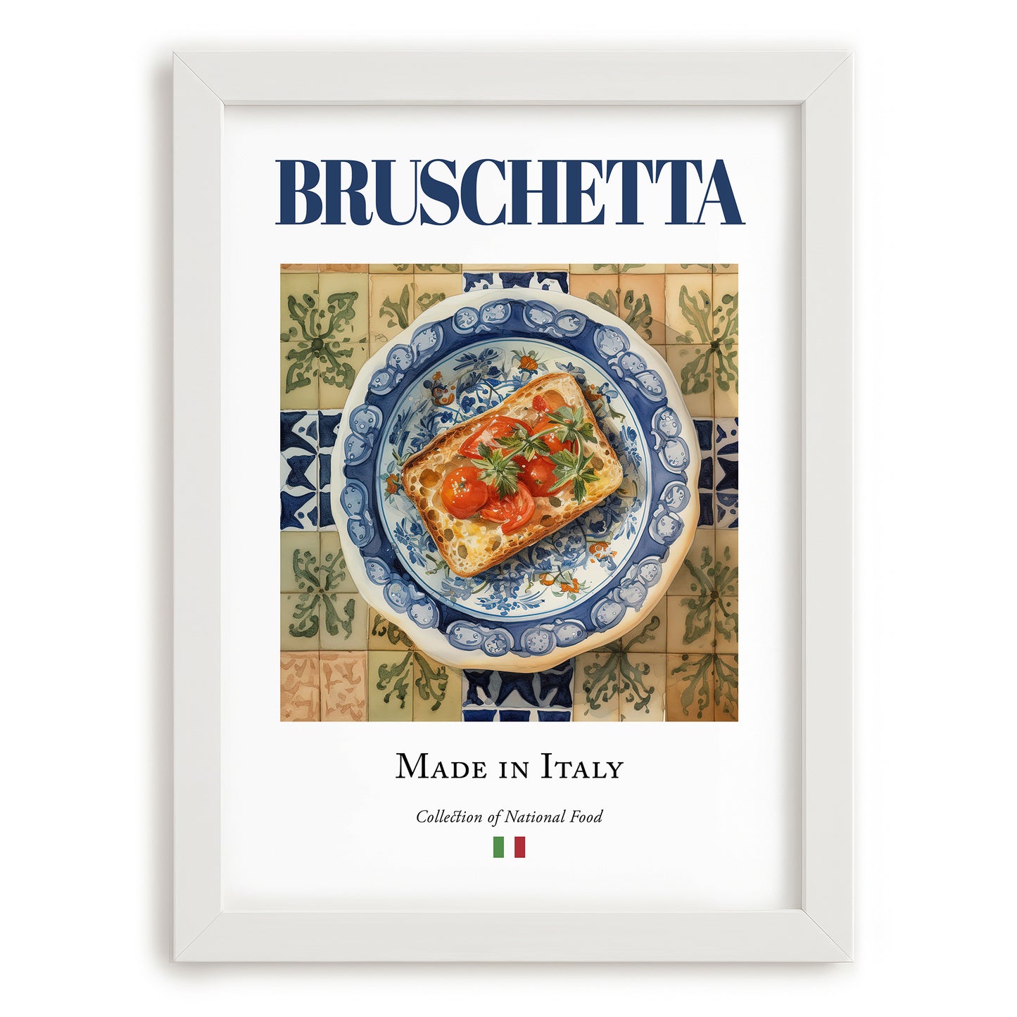Bruschetta – Italian Snack Dish, Café Wall Art, placed in minimal white frame