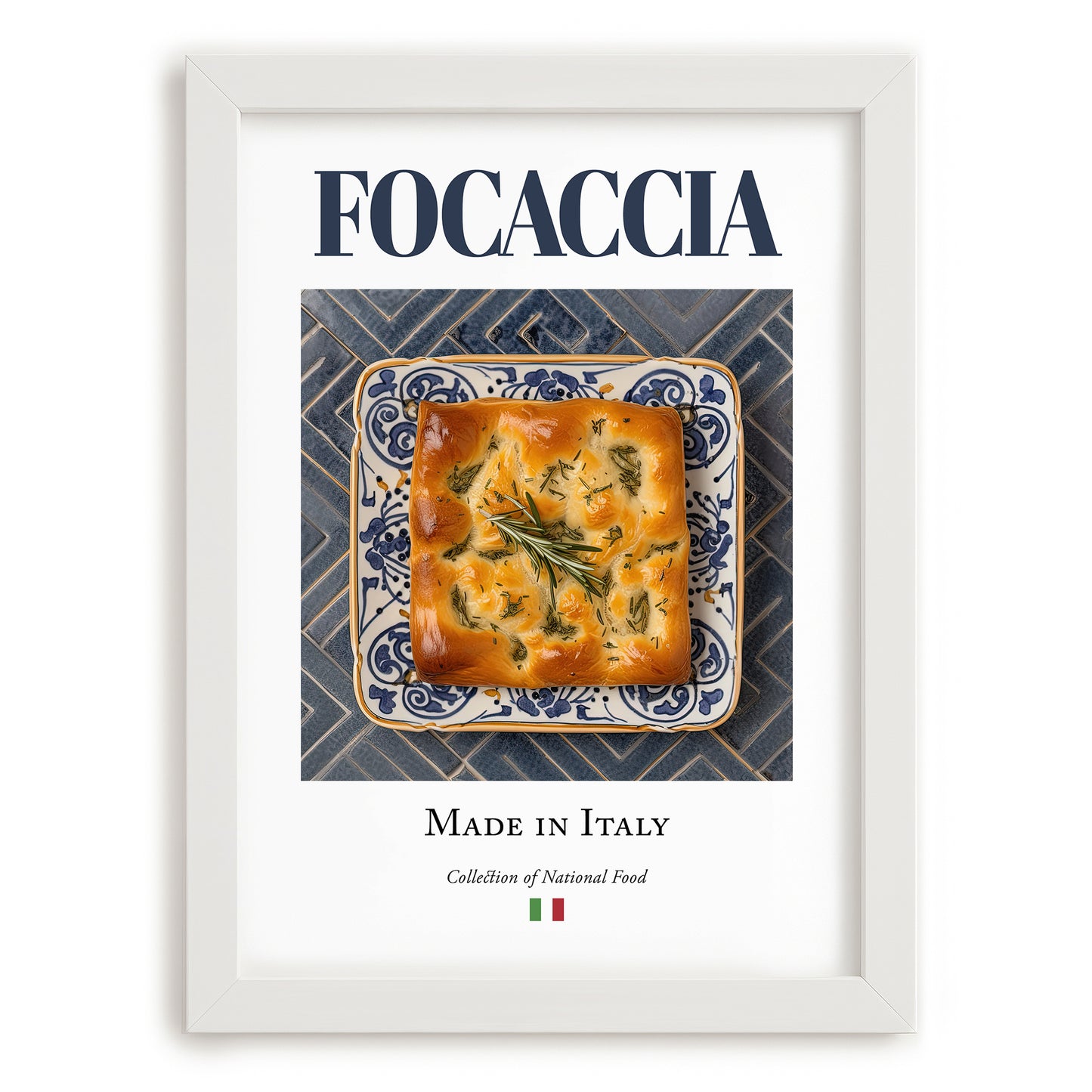 Focaccia – Italian Bread Dish, Tavern Still Life, placed in minimal white frame